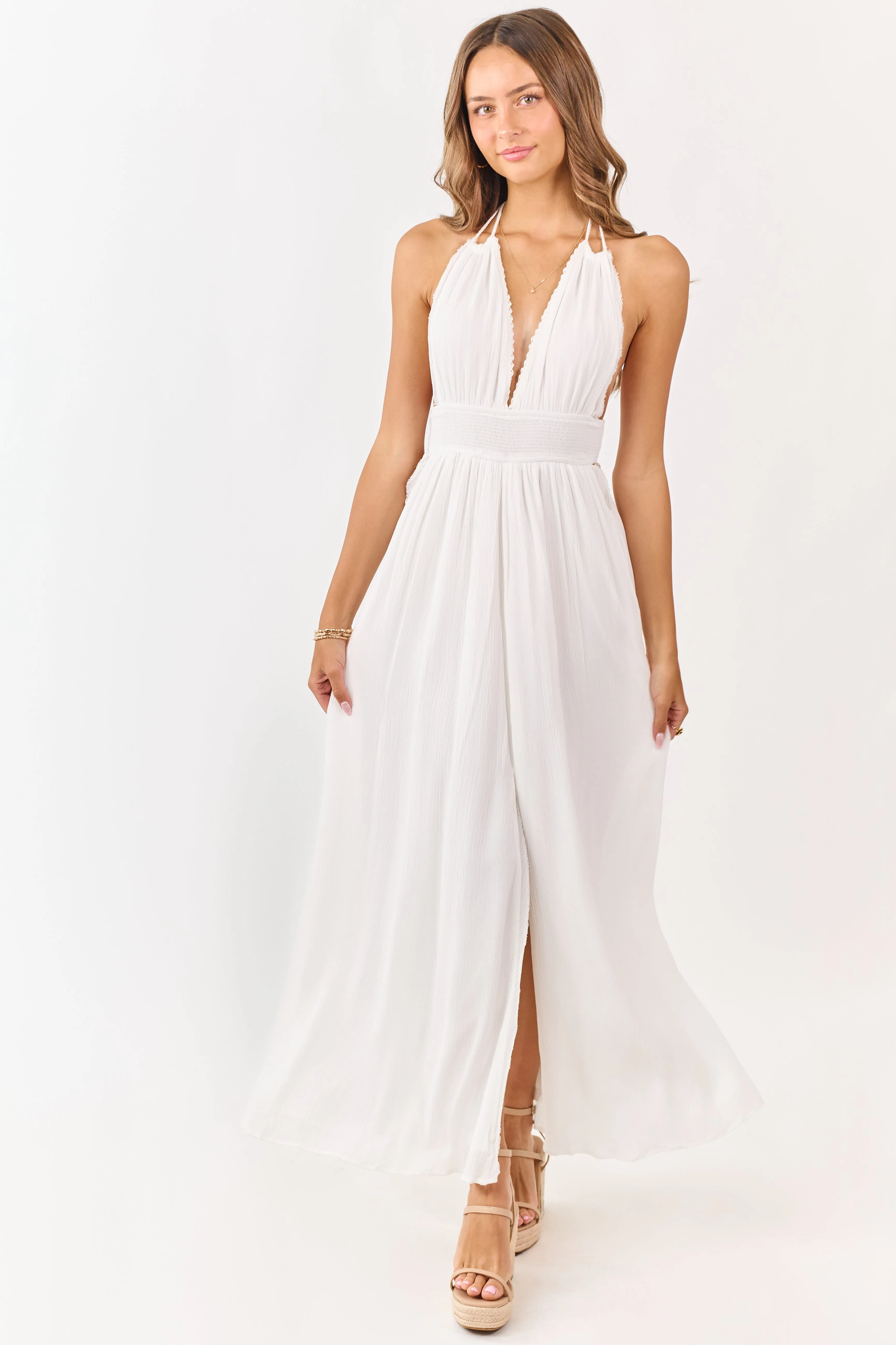 White Halter Neck Smocked Waist Maxi Dress sold by Lime Lush