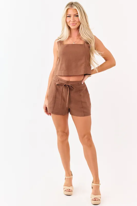 Sepia Waist Tie Linen Blend Mini Shorts made by Blu Pepper