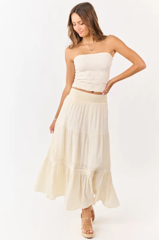 Cream Tiered Smocked Waistband Midi Skirt made by Very J