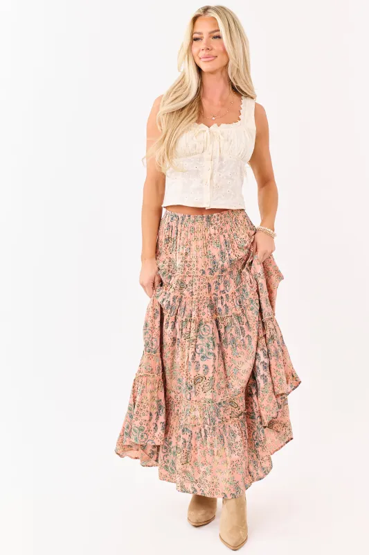 Light Coral Paisley Floral Frill Tiered Maxi Skirt made by Angie