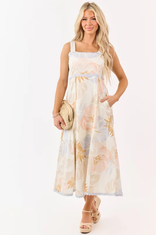 Entro Cream Cotton Floral Print Lace Trim Midi Dress made by entro
