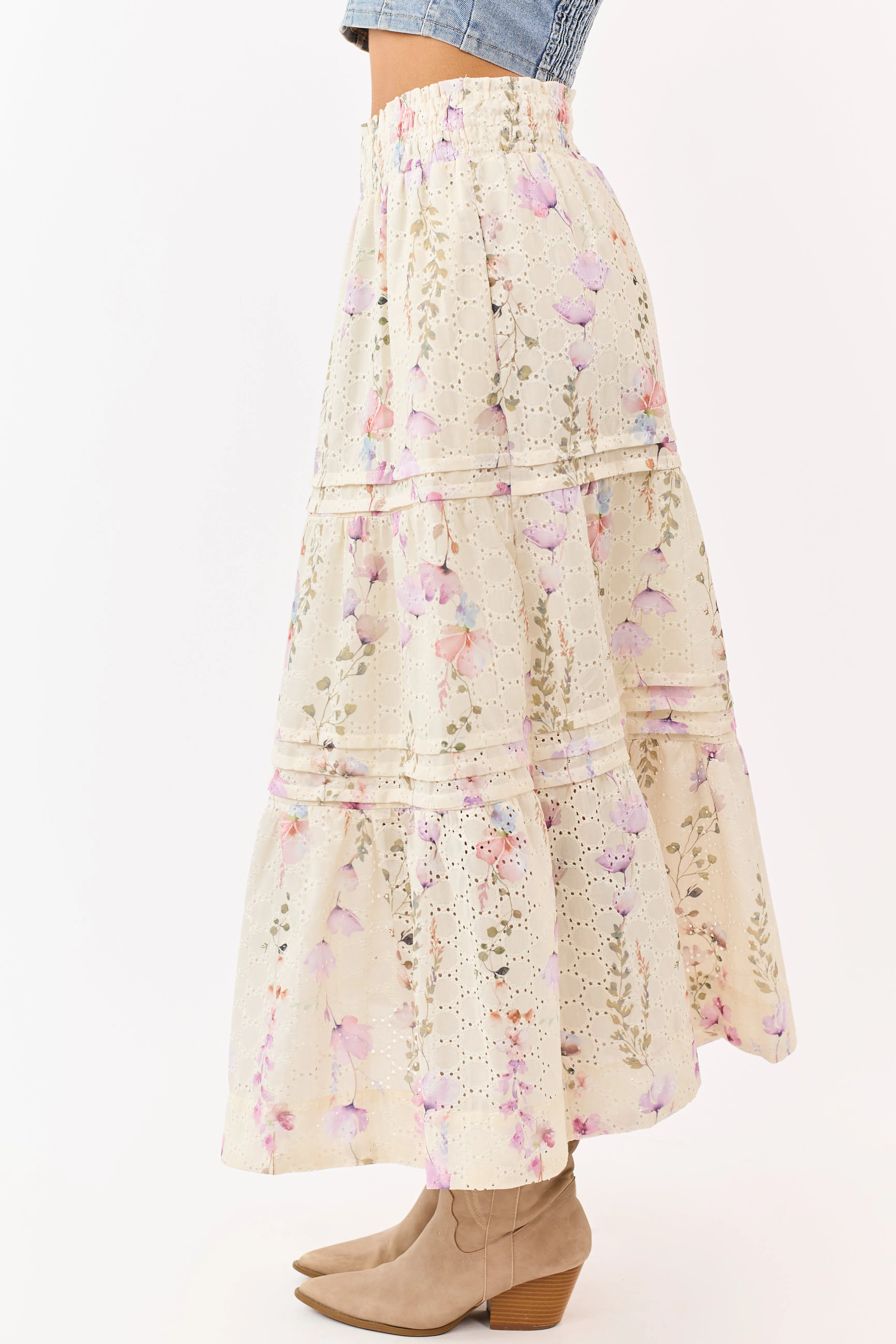 Cream Floral Print Eyelet Tiered Midi Skirt sold by Lime Lush product image thumbnail 3
