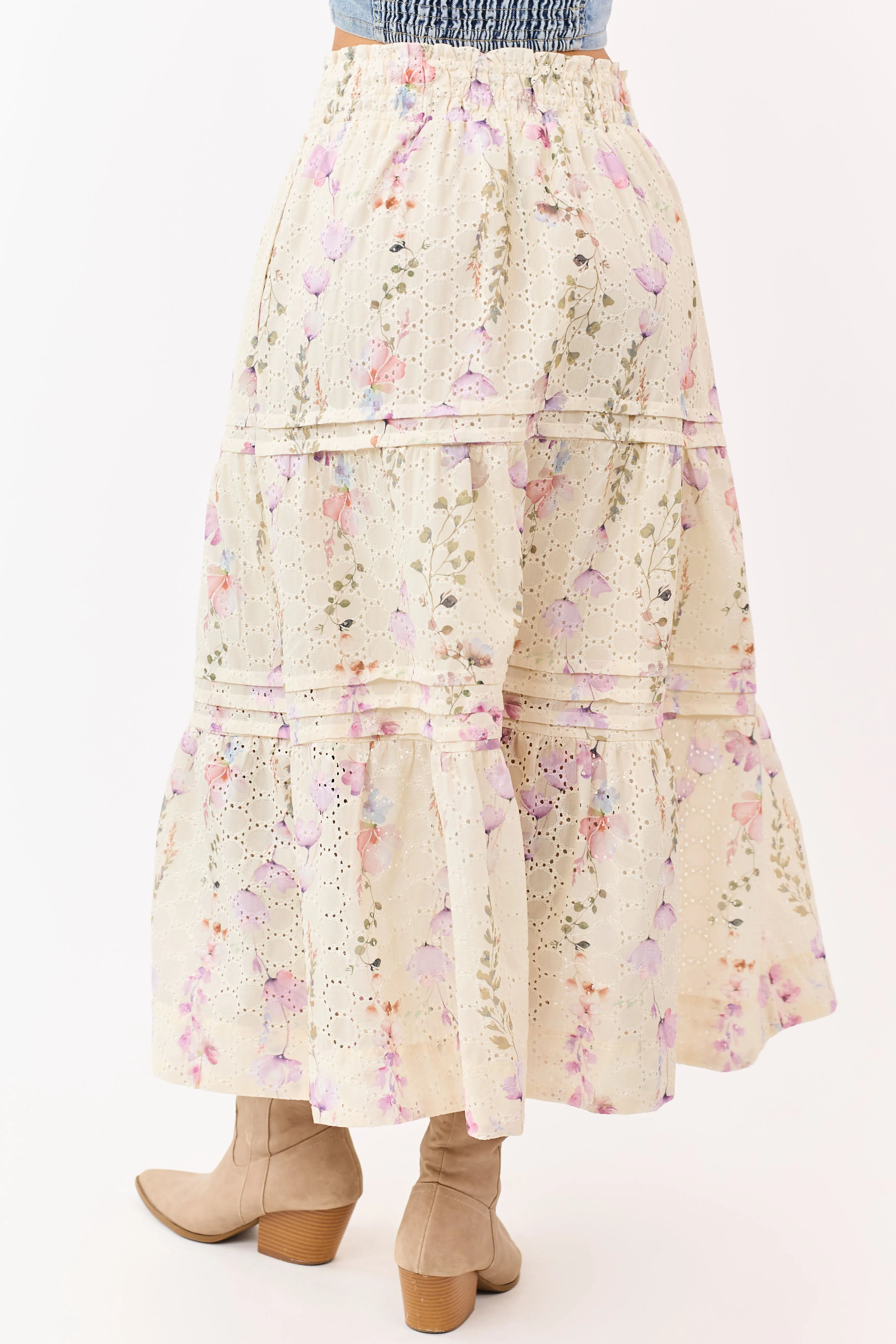 Cream Floral Print Eyelet Tiered Midi Skirt sold by Lime Lush product image thumbnail 4