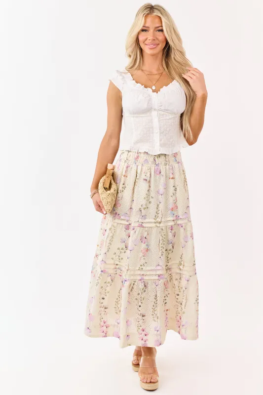 Cream Floral Print Eyelet Tiered Midi Skirt made by HYFVE