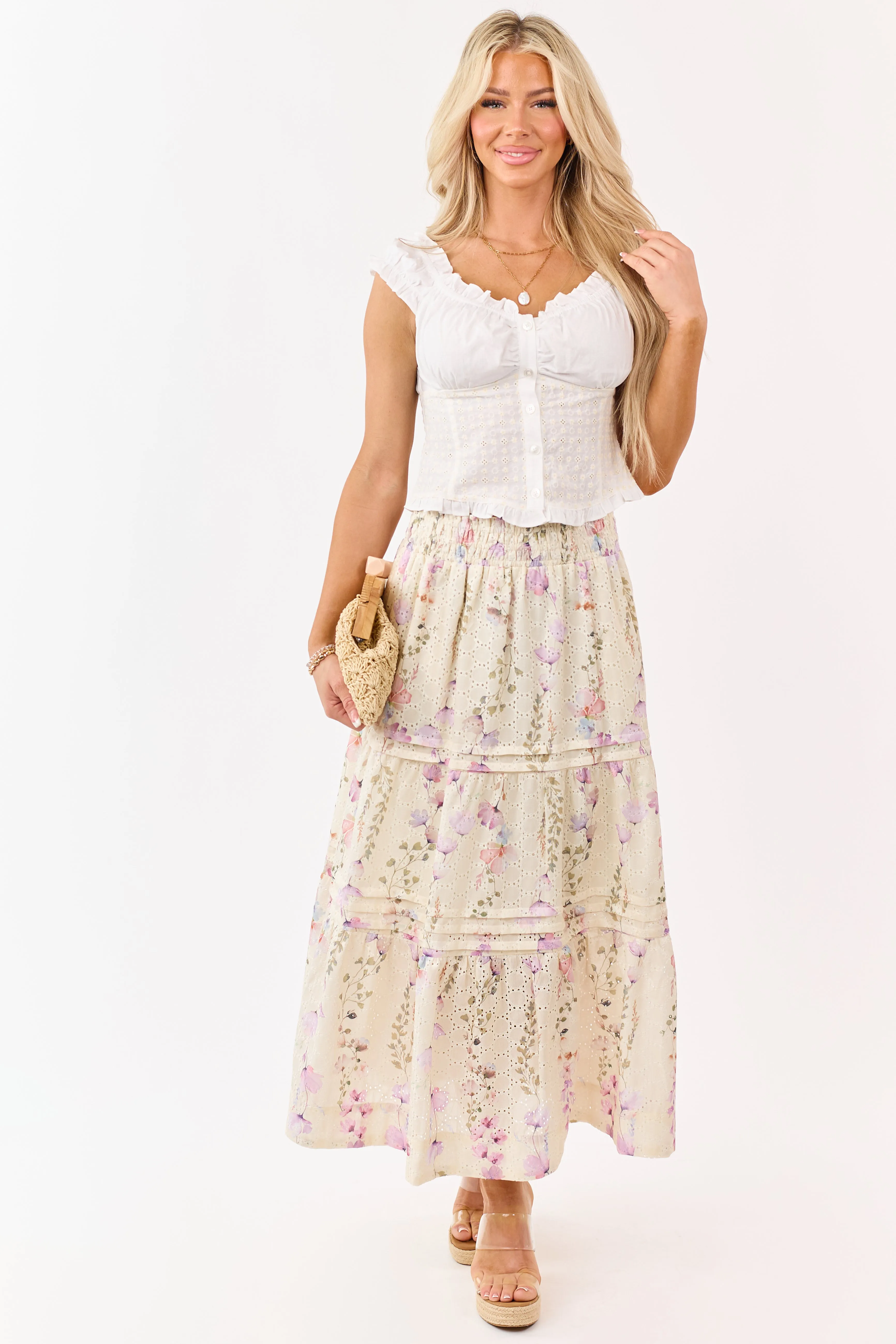 Cream Floral Print Eyelet Tiered Midi Skirt sold by Lime Lush
