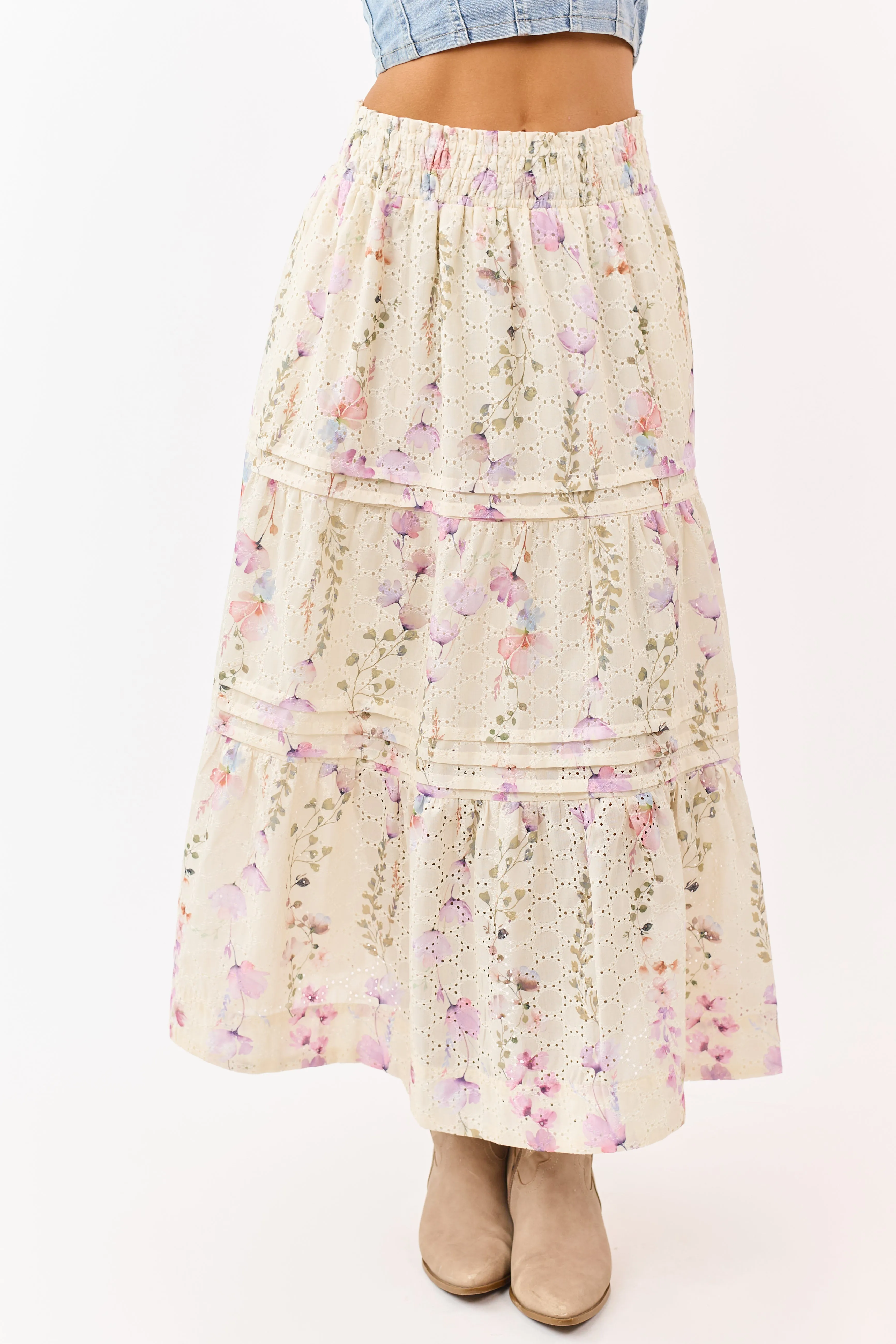 Cream Floral Print Eyelet Tiered Midi Skirt sold by Lime Lush product image thumbnail 2