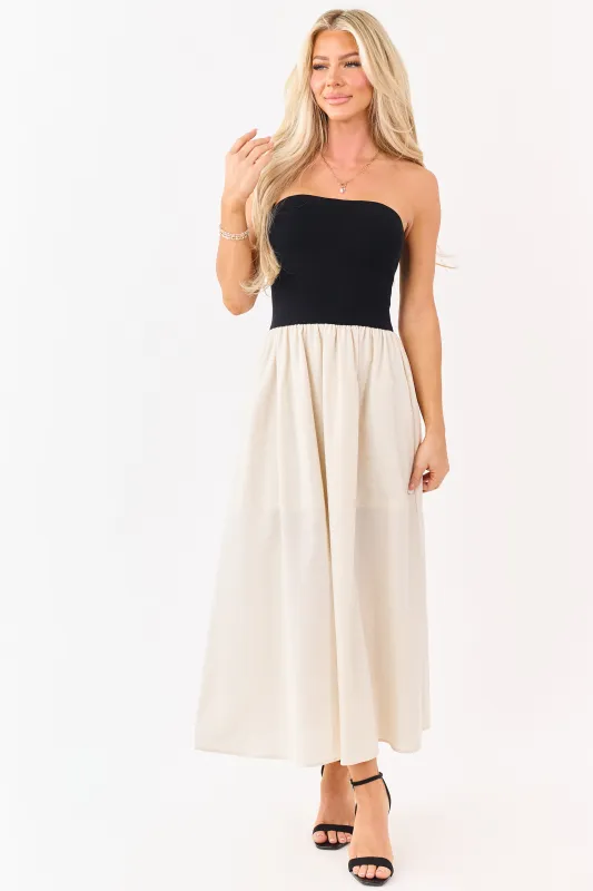 Black and Almond Colorblock Strapless Midi Dress made by Blu Pepper