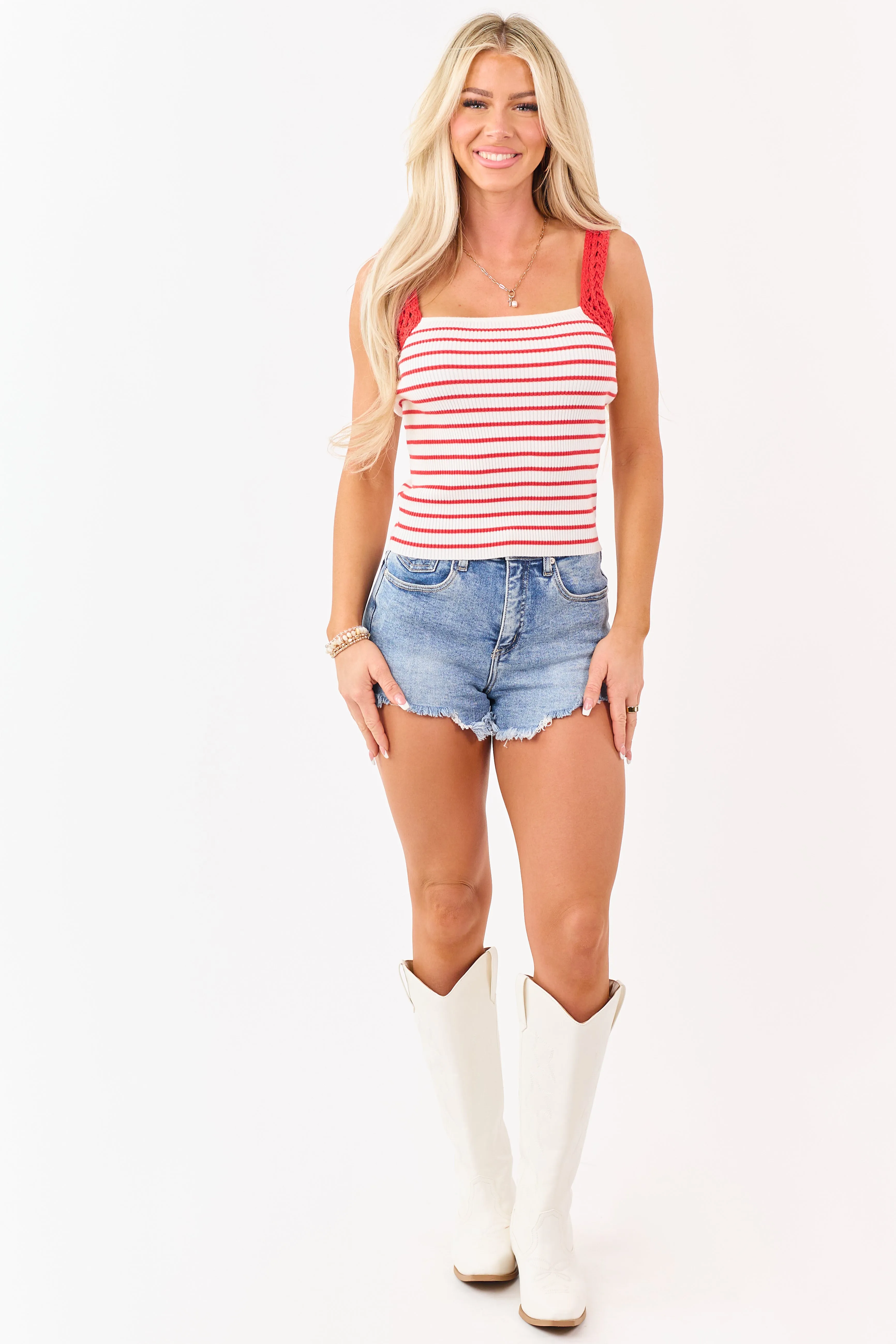 Lipstick Striped Rib Knit Crochet Strap Tank Top sold by Lime Lush product image thumbnail 3