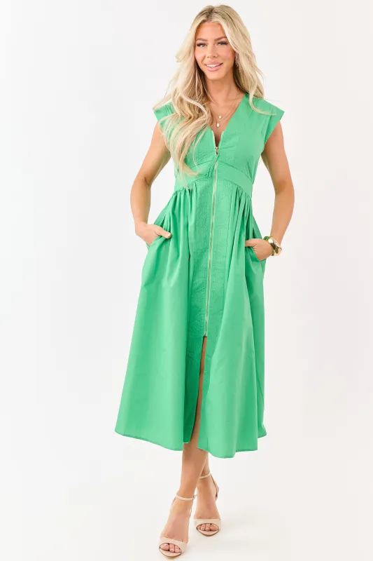 Entro Kelly Green Zip Up Cap Sleeve Midi Dress made by entro