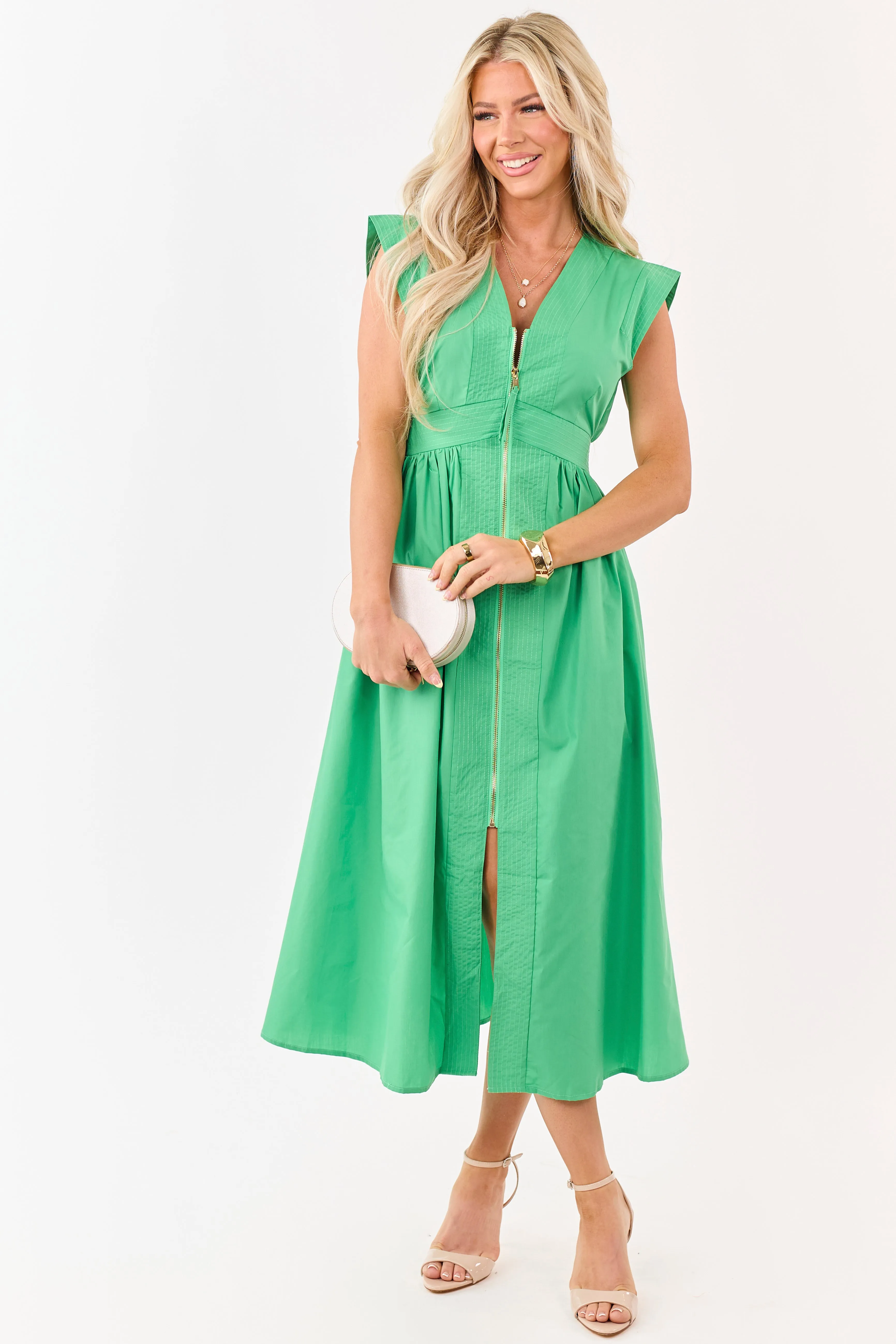 Entro Kelly Green Zip Up Cap Sleeve Midi Dress sold by Lime Lush product image thumbnail 3