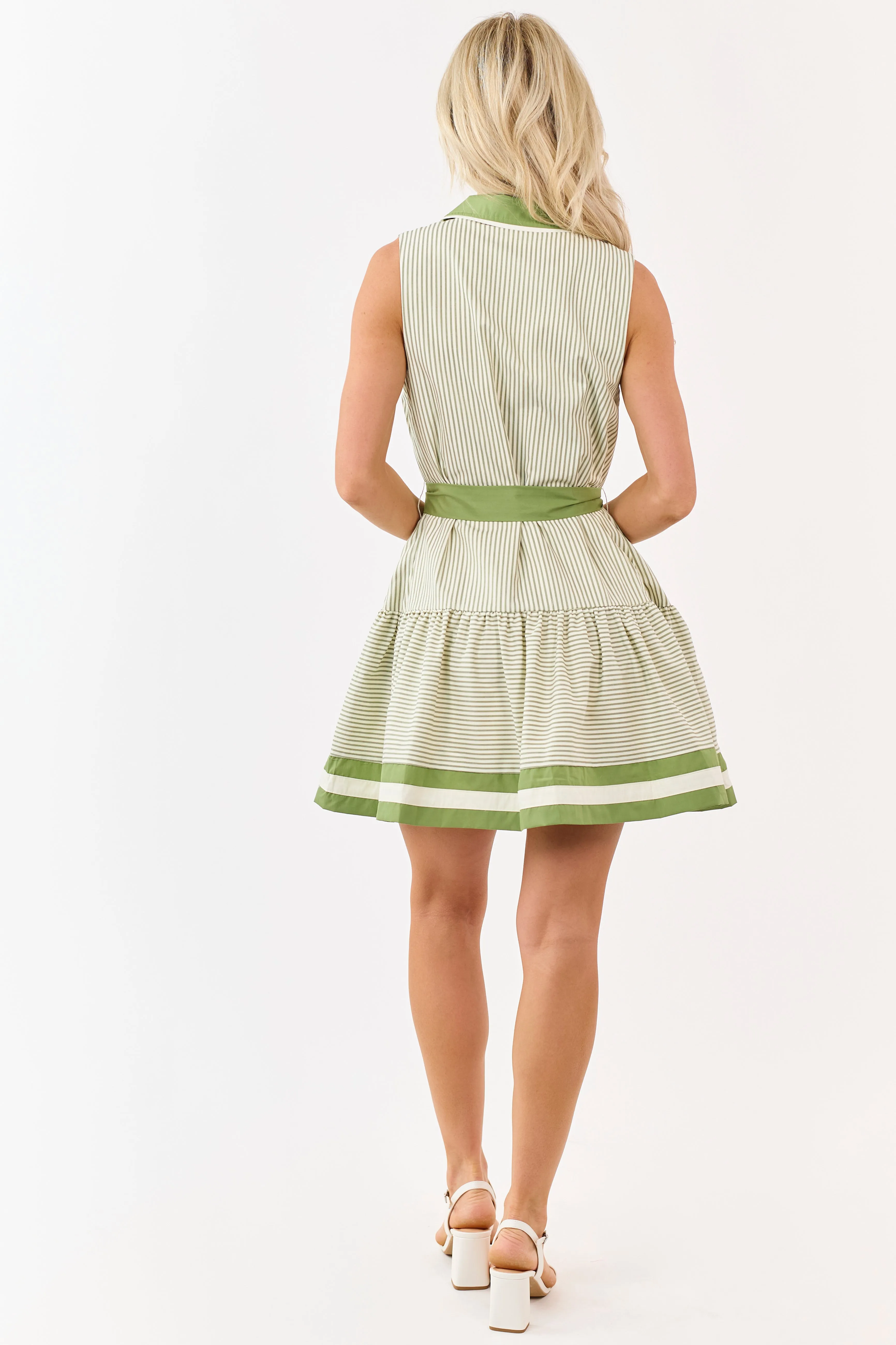 Entro Olive Striped Button Down Waist Tie Mini Dress sold by Lime Lush product image thumbnail 5