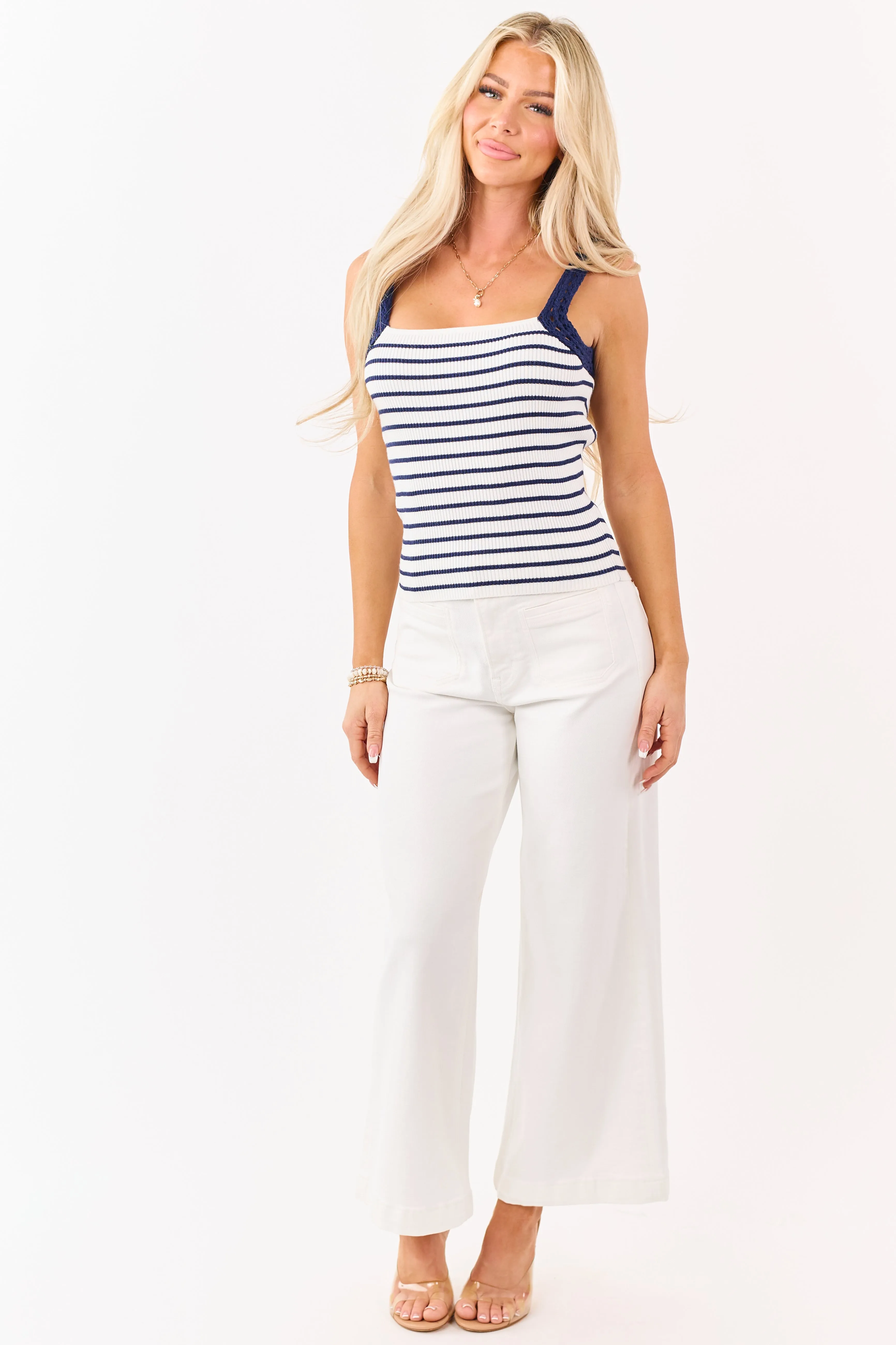 Navy Striped Rib Knit Crochet Strap Tank Top sold by Lime Lush product image thumbnail 3