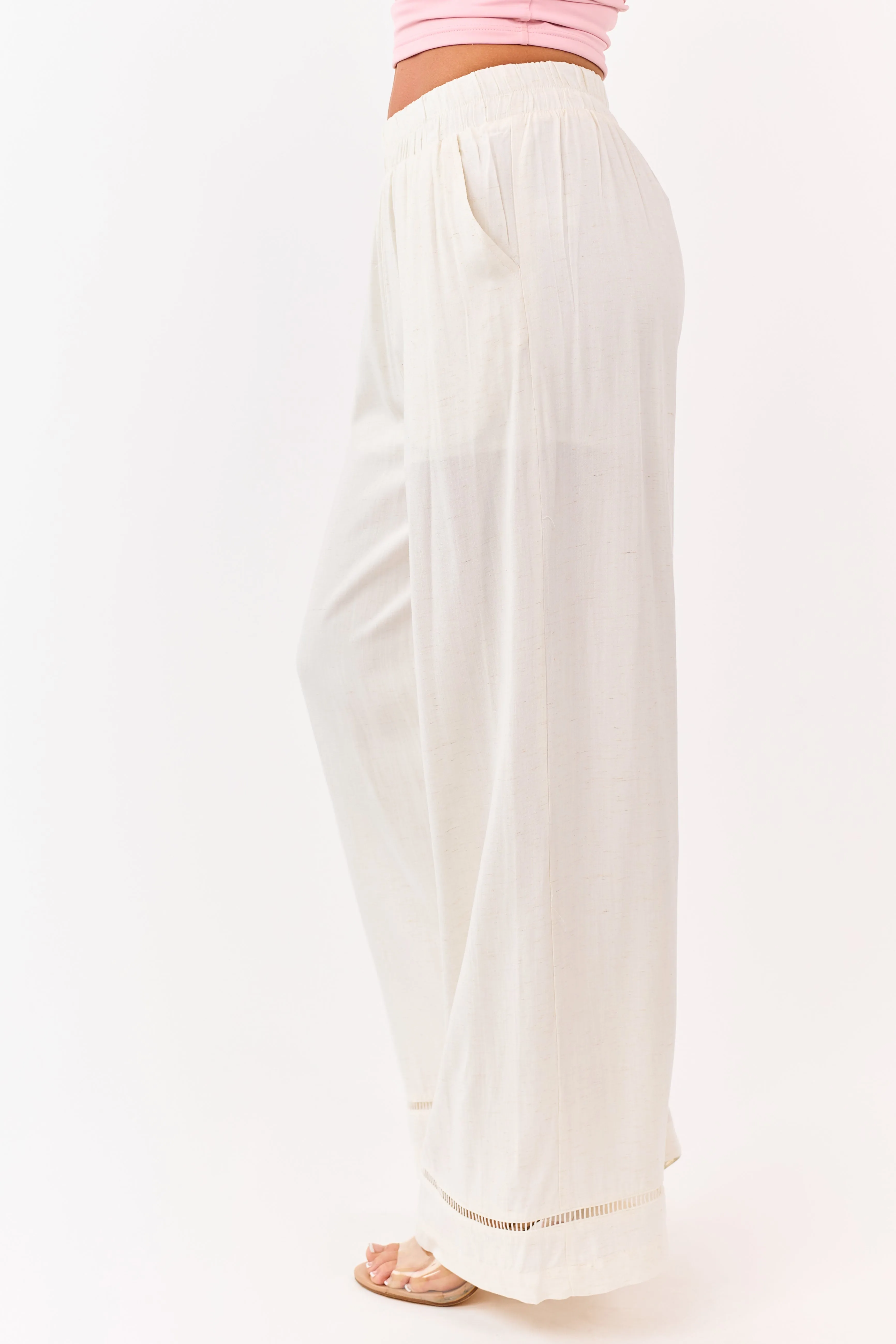 Cream Ladder Lace Hem Linen Blend Wide Leg Pants sold by Lime Lush product image thumbnail 3