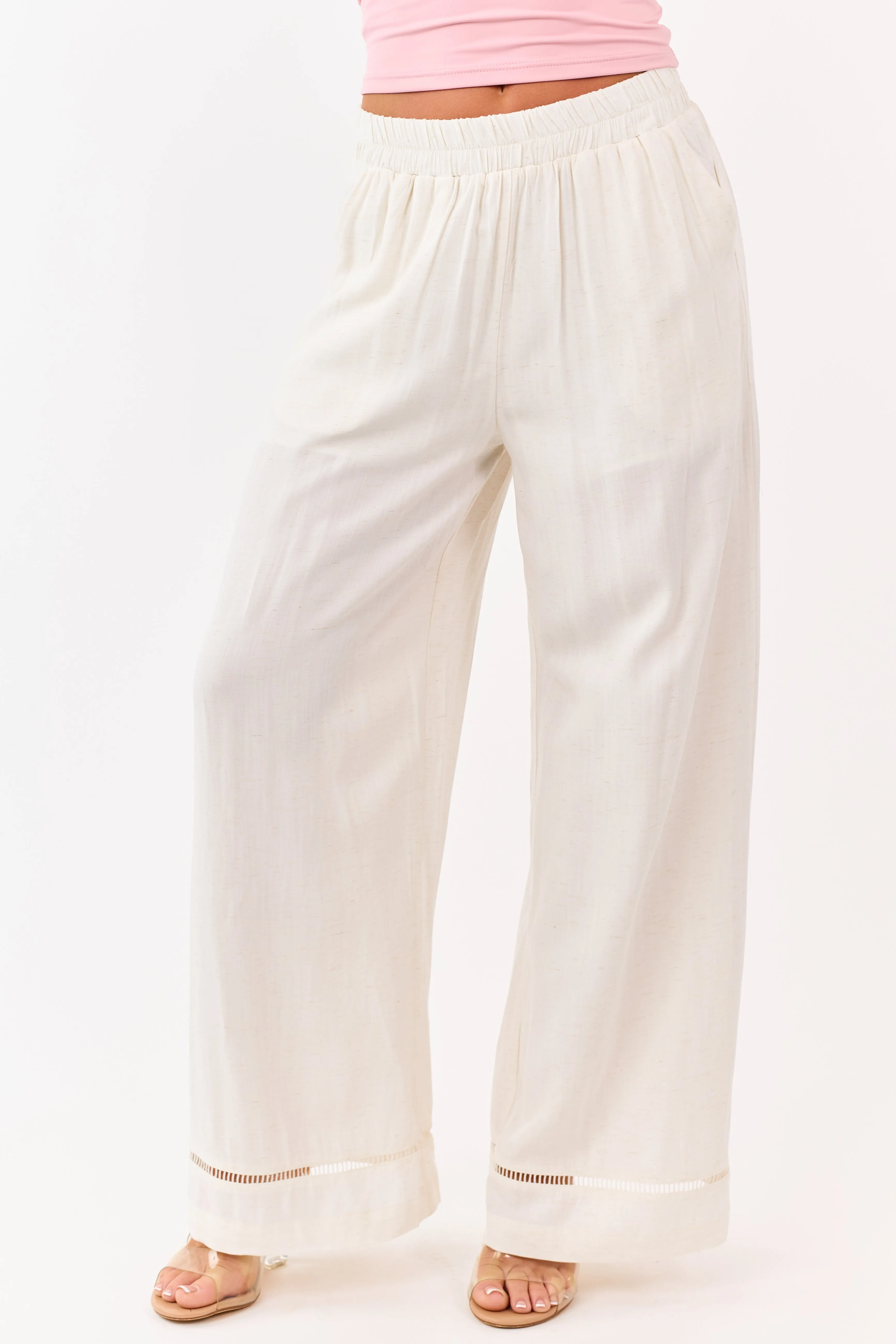 Cream Ladder Lace Hem Linen Blend Wide Leg Pants sold by Lime Lush product image thumbnail 2