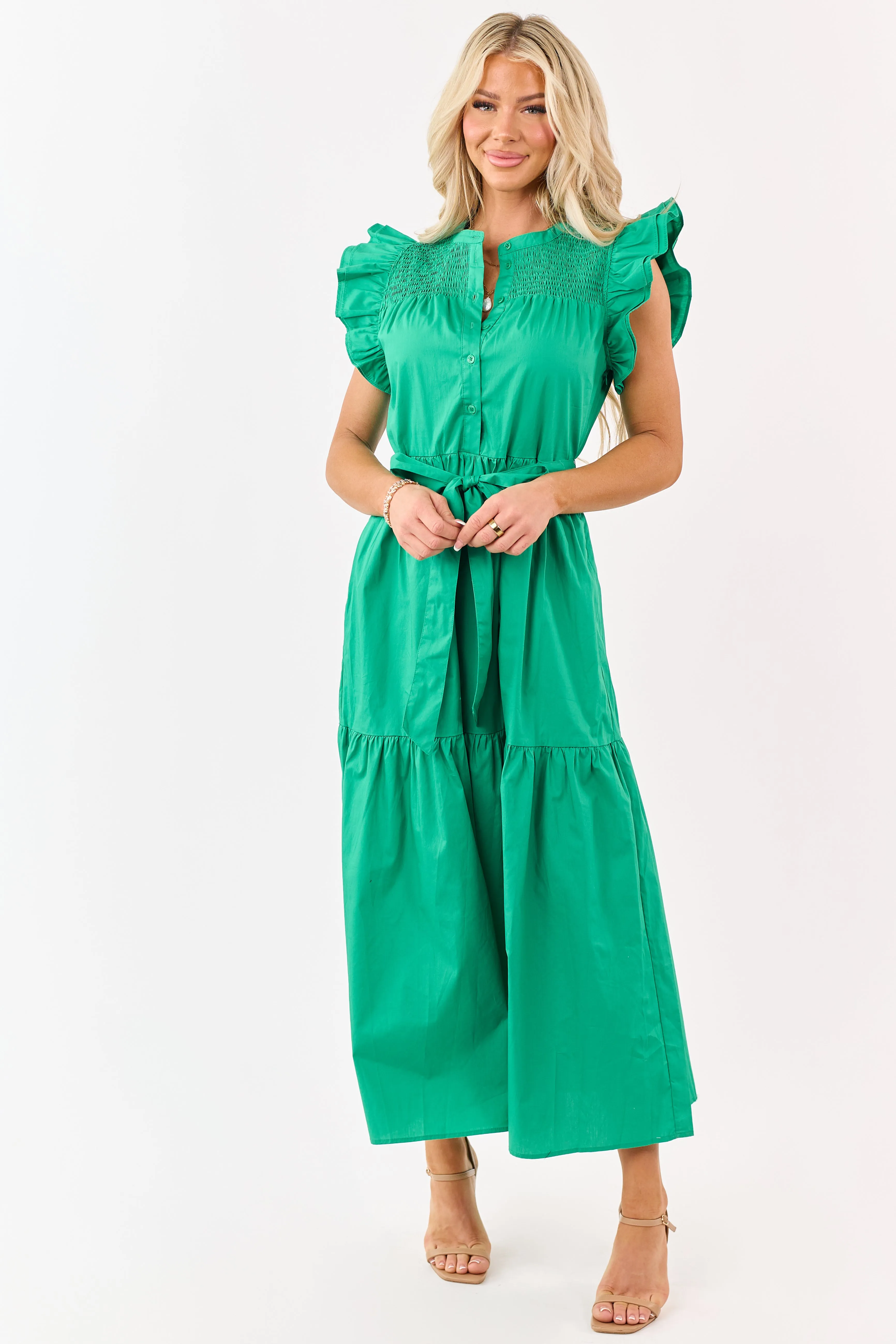 Kelly Green Ruffle Sleeve Smocked Cotton Midi Dress sold by Lime Lush product image thumbnail 2
