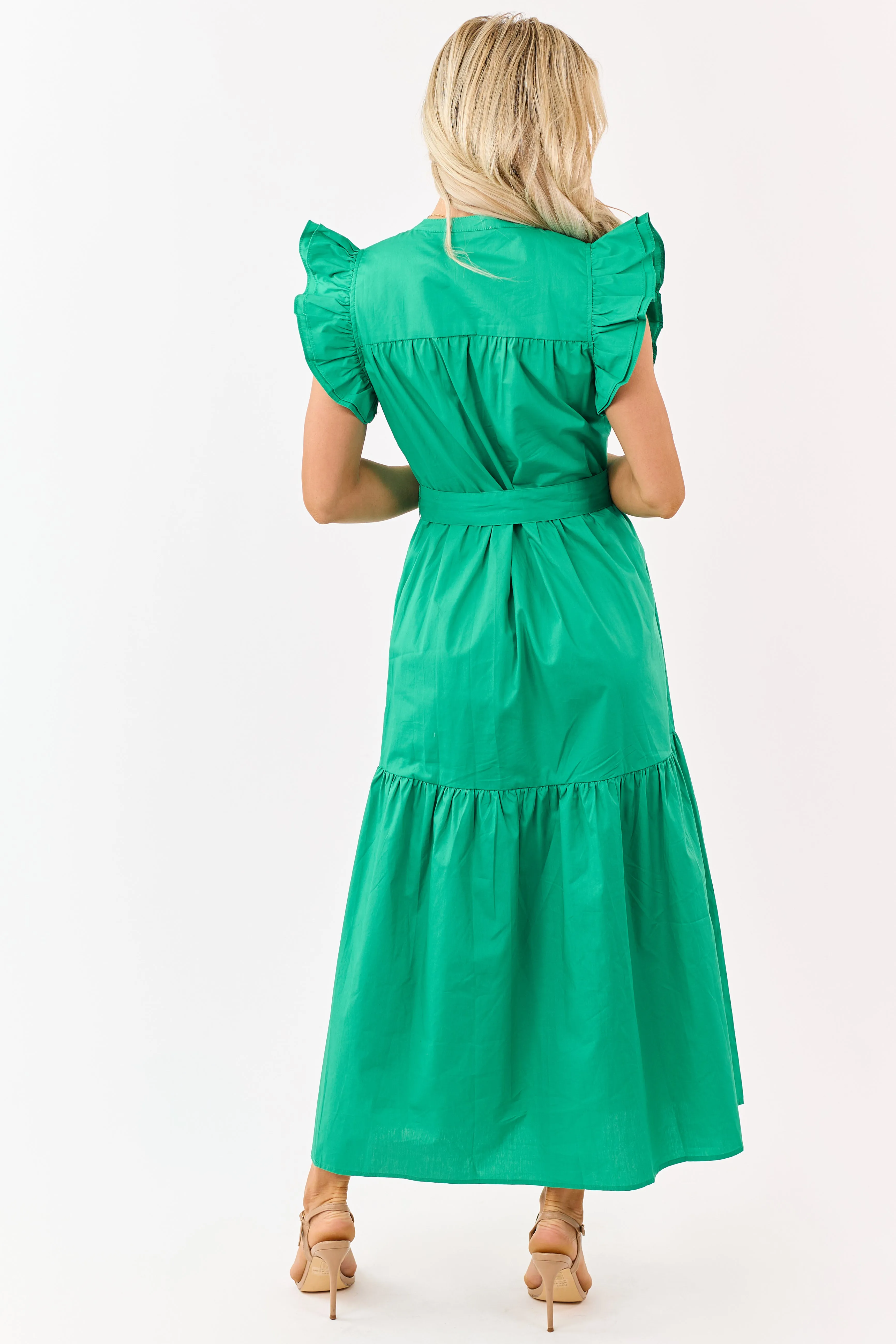 Kelly Green Ruffle Sleeve Smocked Cotton Midi Dress sold by Lime Lush product image thumbnail 5