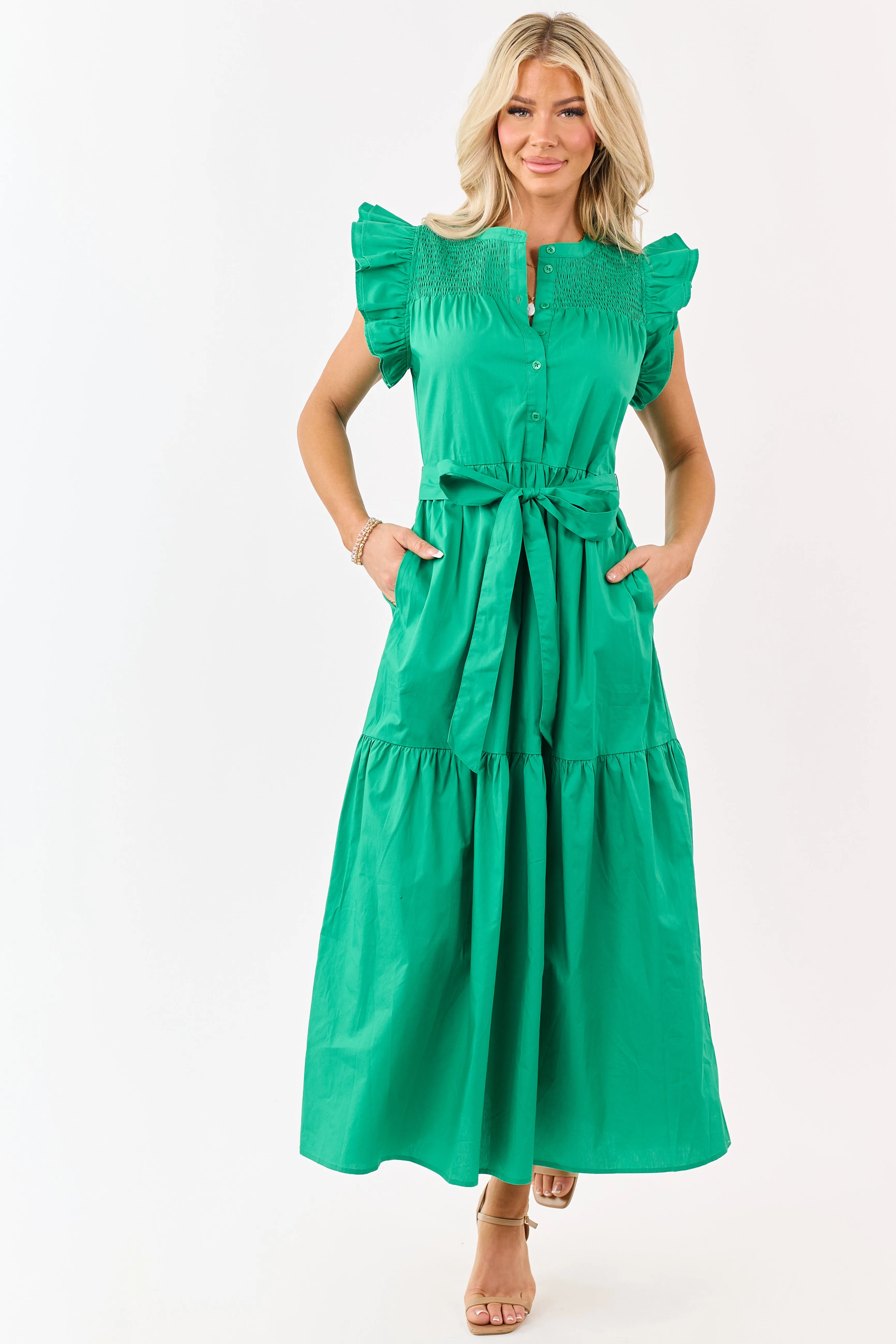 Kelly Green Ruffle Sleeve Smocked Cotton Midi Dress sold by Lime Lush