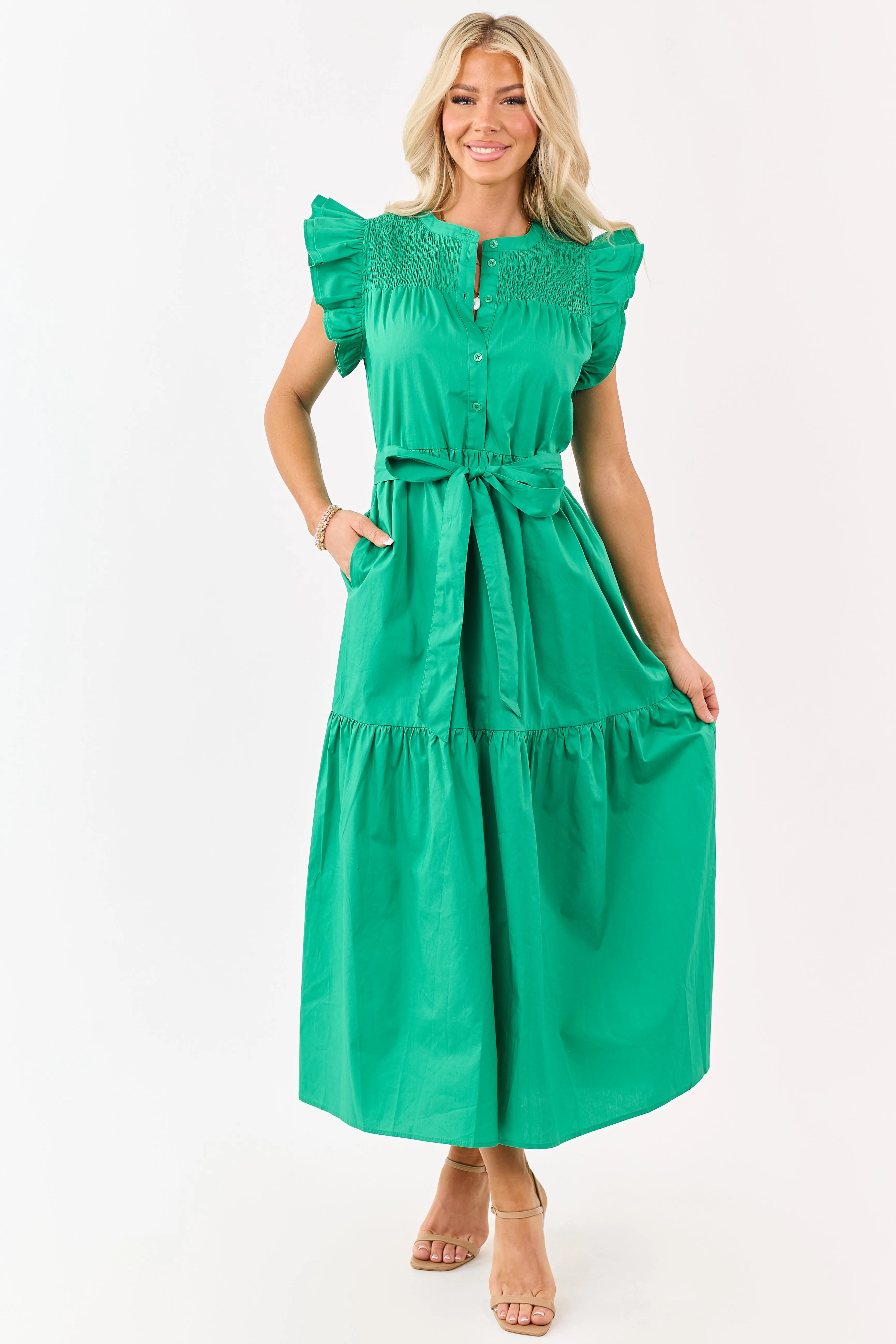 Kelly Green Ruffle Sleeve Smocked Cotton Midi Dress sold by Lime Lush product image thumbnail 3