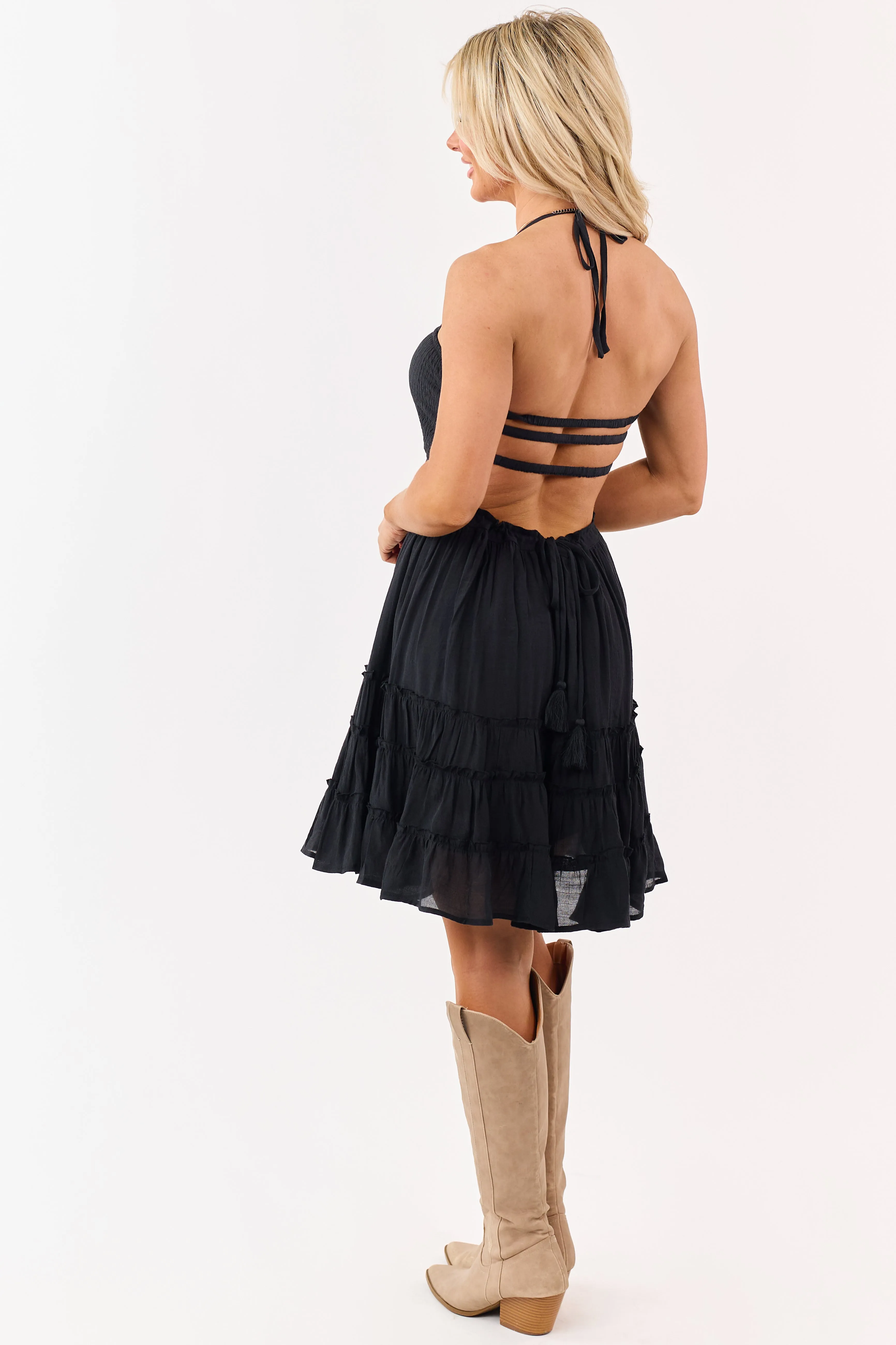 Black Smocked Open Back Tiered Mini Dress sold by Lime Lush product image thumbnail 5