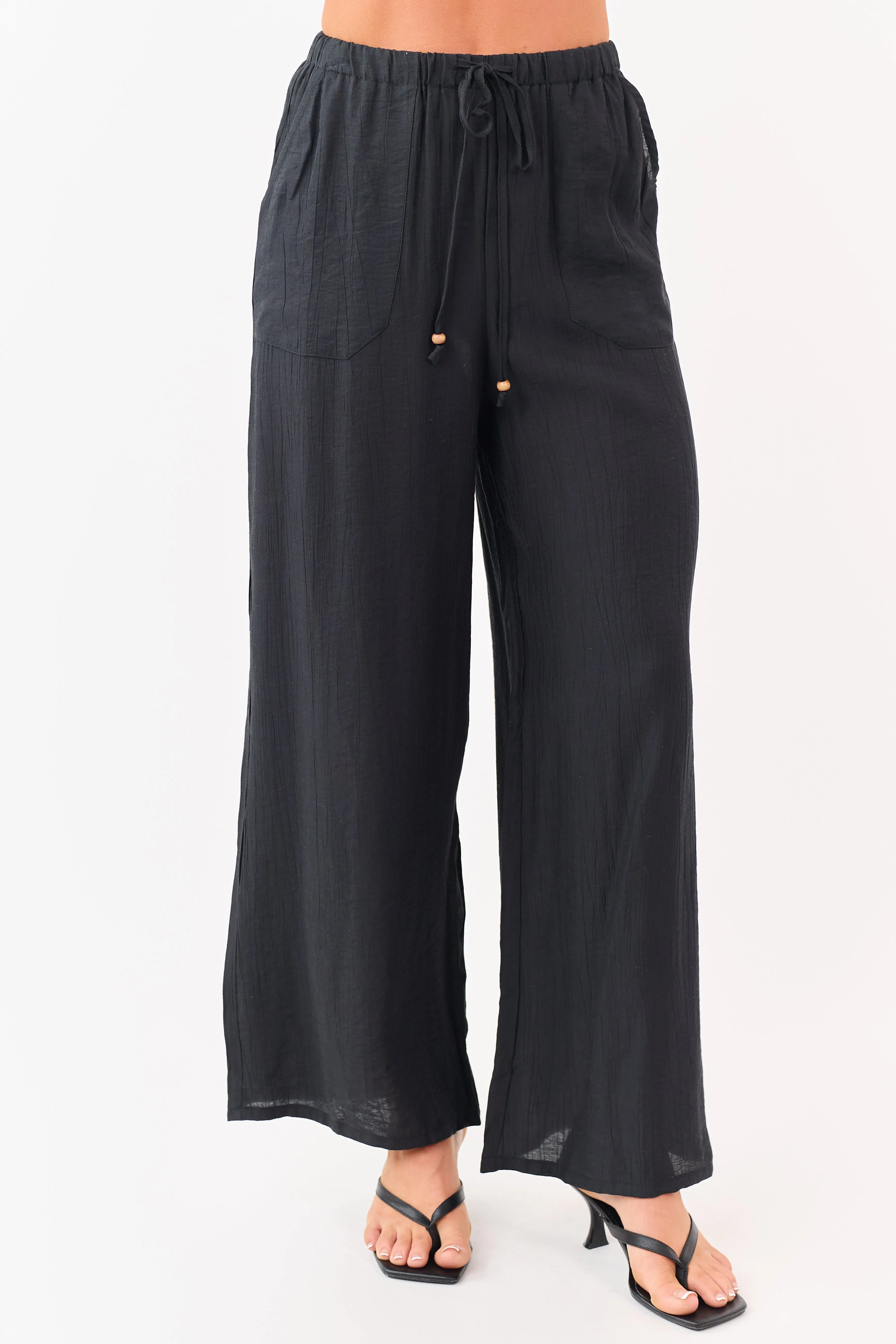 Black Elastic Waistband Wide Leg Flowy Pants sold by Lime Lush product image thumbnail 2