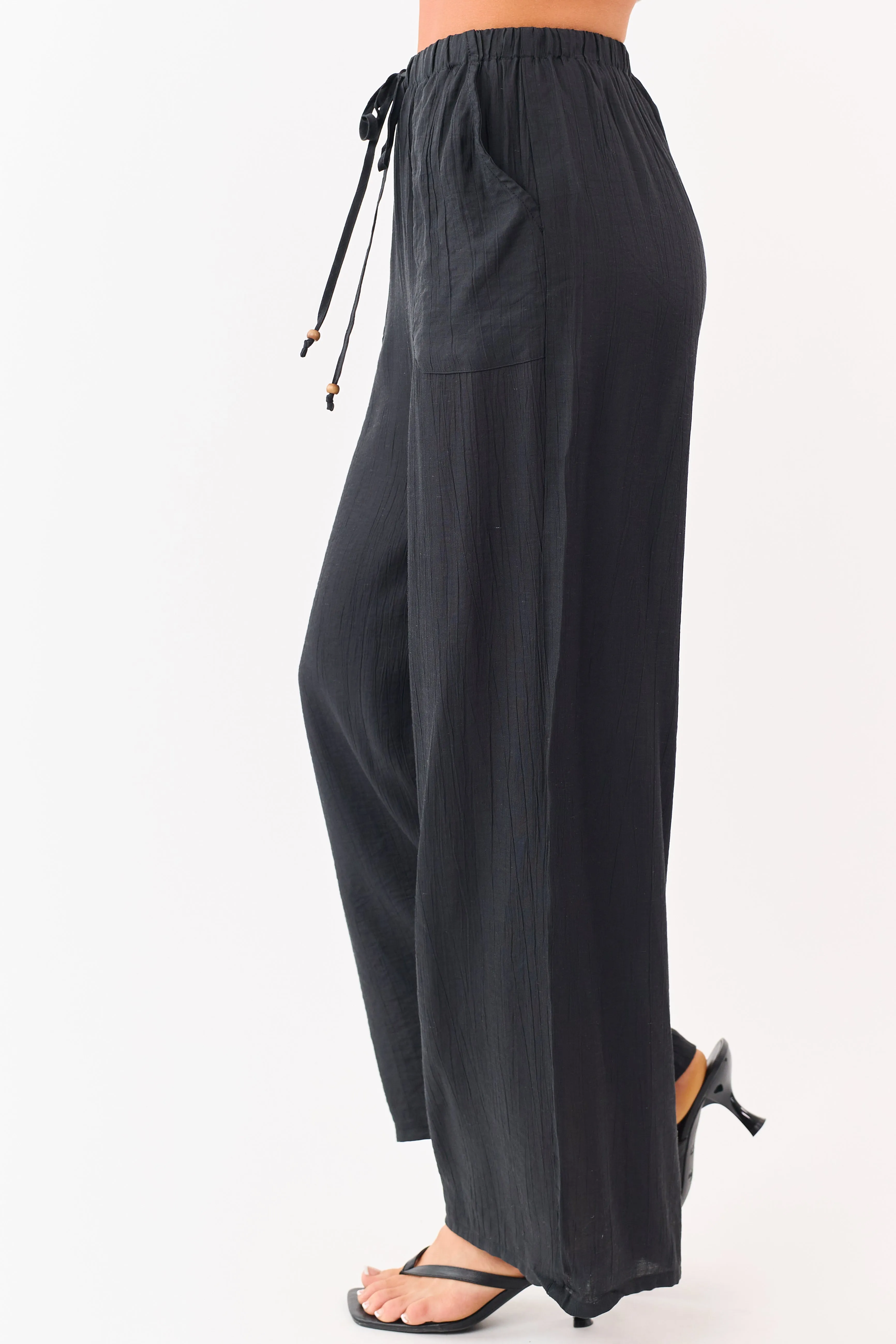 Black Elastic Waistband Wide Leg Flowy Pants sold by Lime Lush product image thumbnail 3