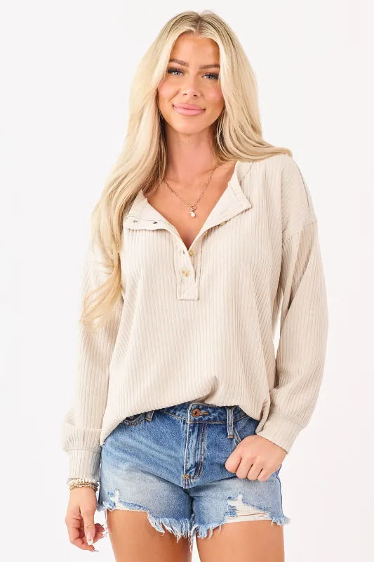 Beige Long Sleeve Knit Henley Top made by Blu Pepper