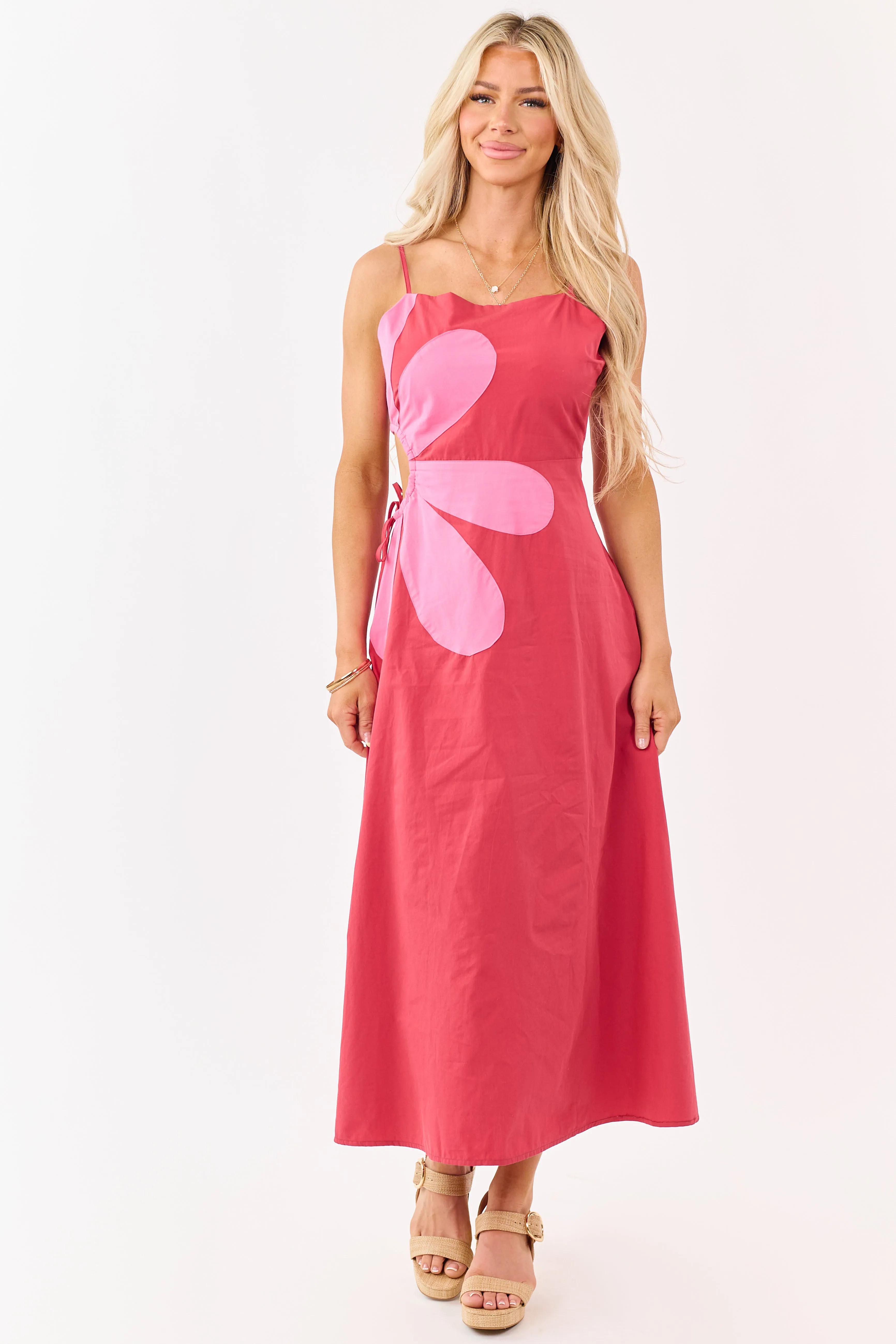 Candy Apple Red Cotton Side Cut Out Flower Midi Dress sold by Lime Lush product image thumbnail 2