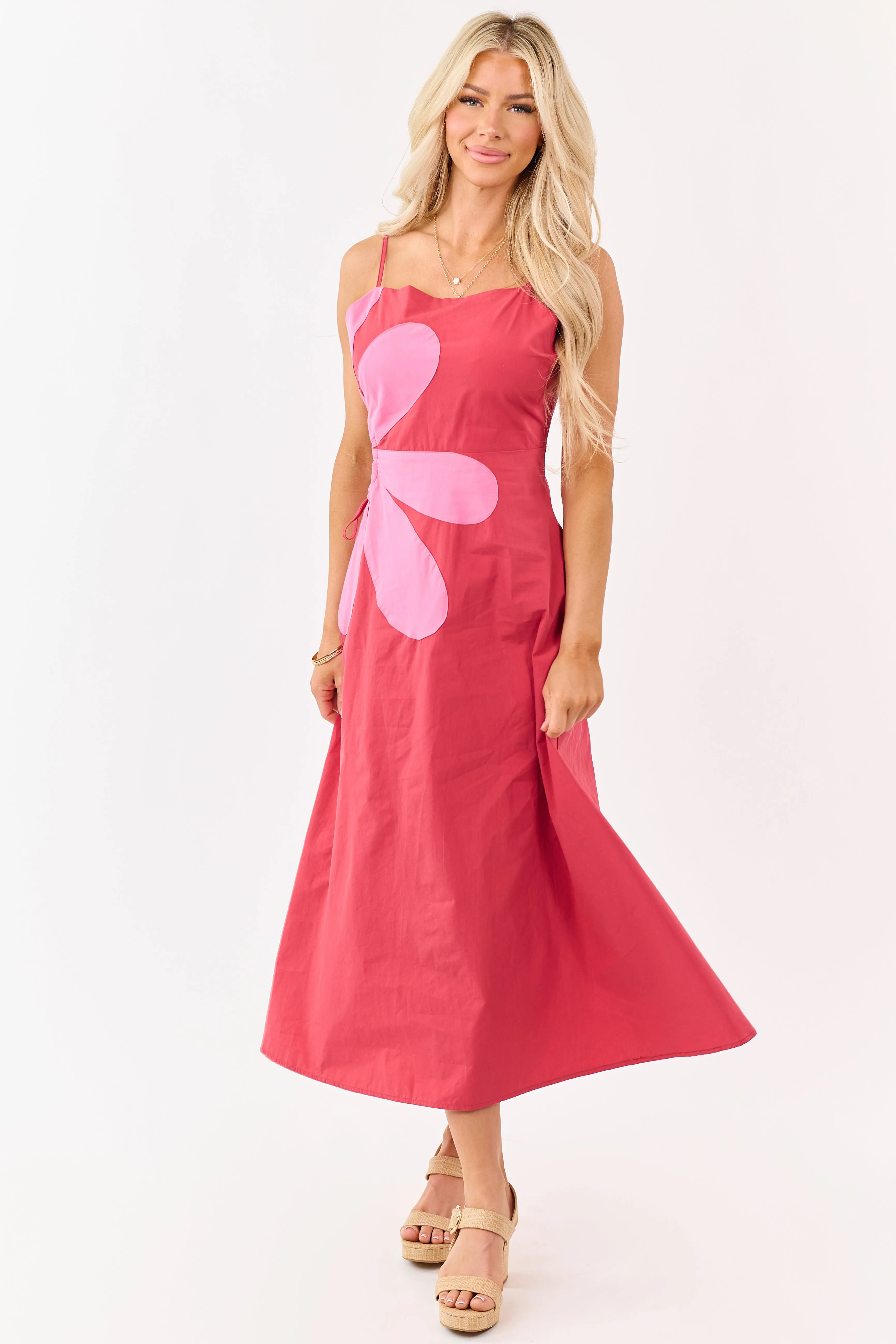 Candy Apple Red Cotton Side Cut Out Flower Midi Dress sold by Lime Lush product image thumbnail 3
