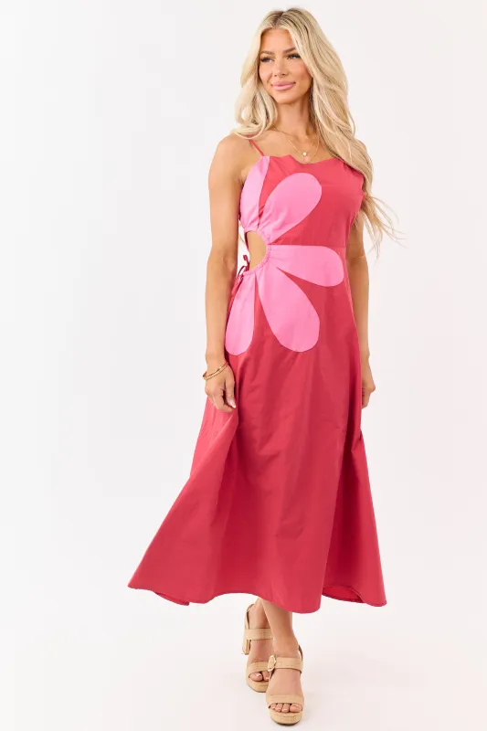 Candy Apple Red Cotton Side Cut Out Flower Midi Dress made by Very J