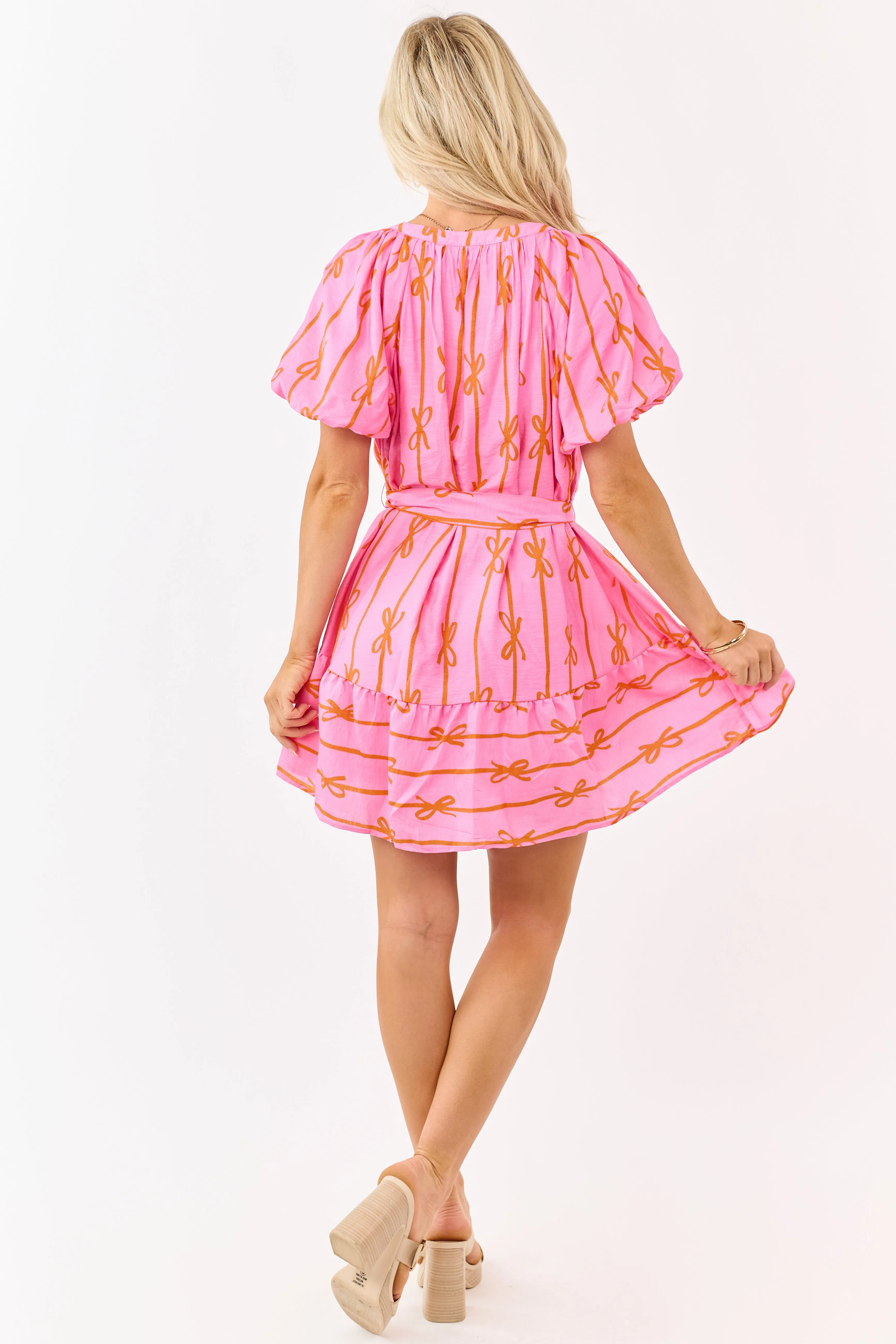 Bubblegum and Tangerine Bow Print Mini Dress sold by Lime Lush product image thumbnail 5