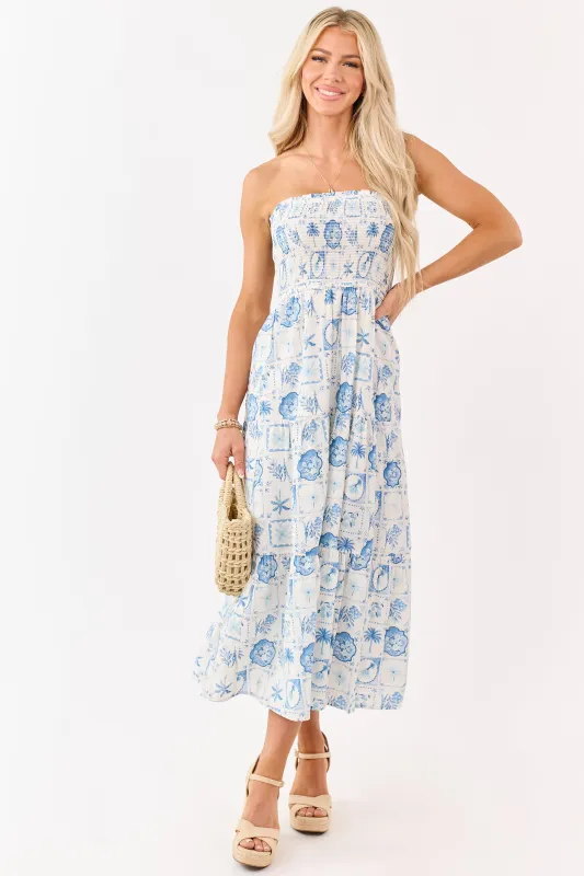 Ivory and Cornflower Vacation Print Midi Dress made by Blu Pepper