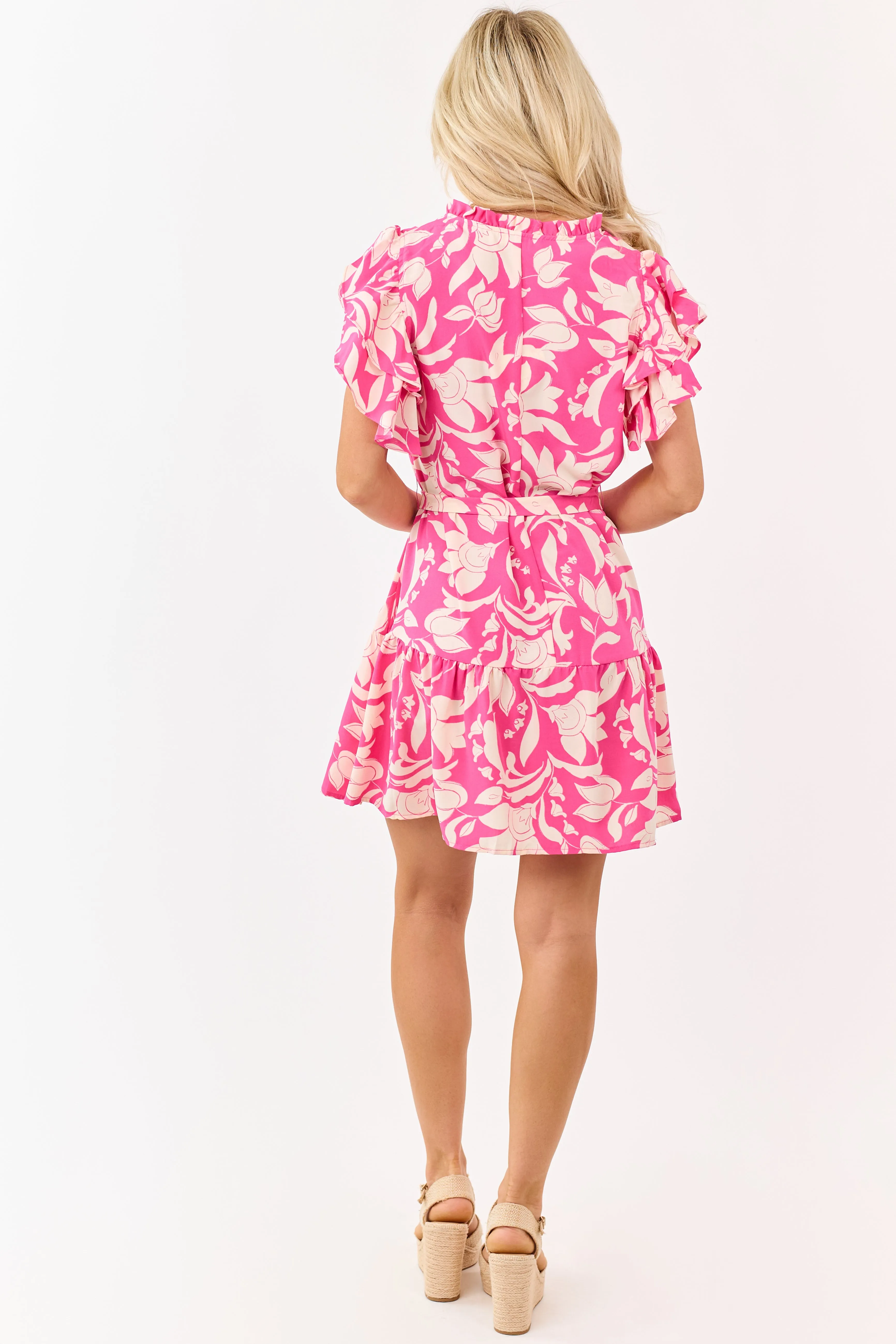 Fuchsia Floral Flutter Sleeve Waist Tie Mini Dress sold by Lime Lush product image thumbnail 5