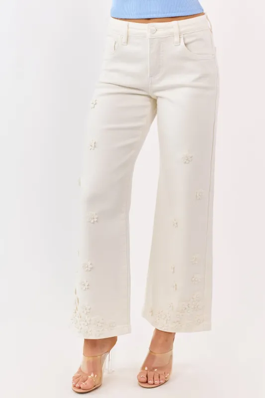 Risen Cream 3D Floral Tummy Control Wide Leg Jeans made by Risen