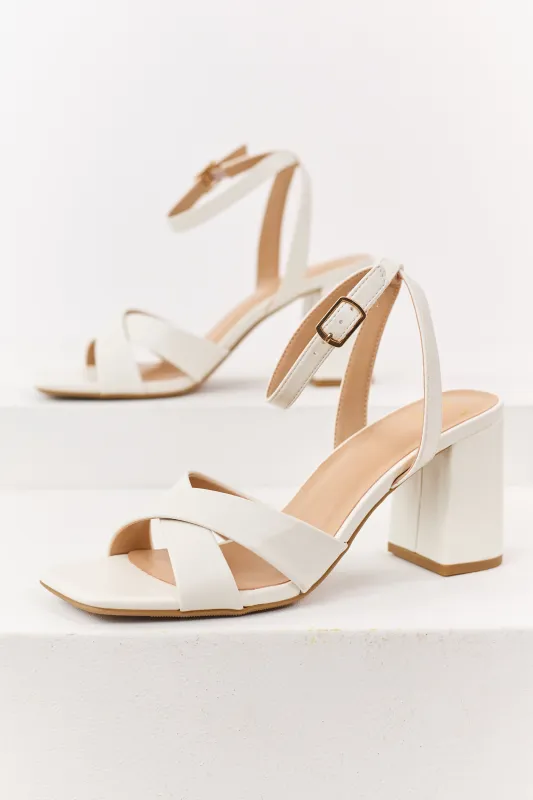 Off White Faux Leather Criss Cross Strap Heels made by Lime Lush