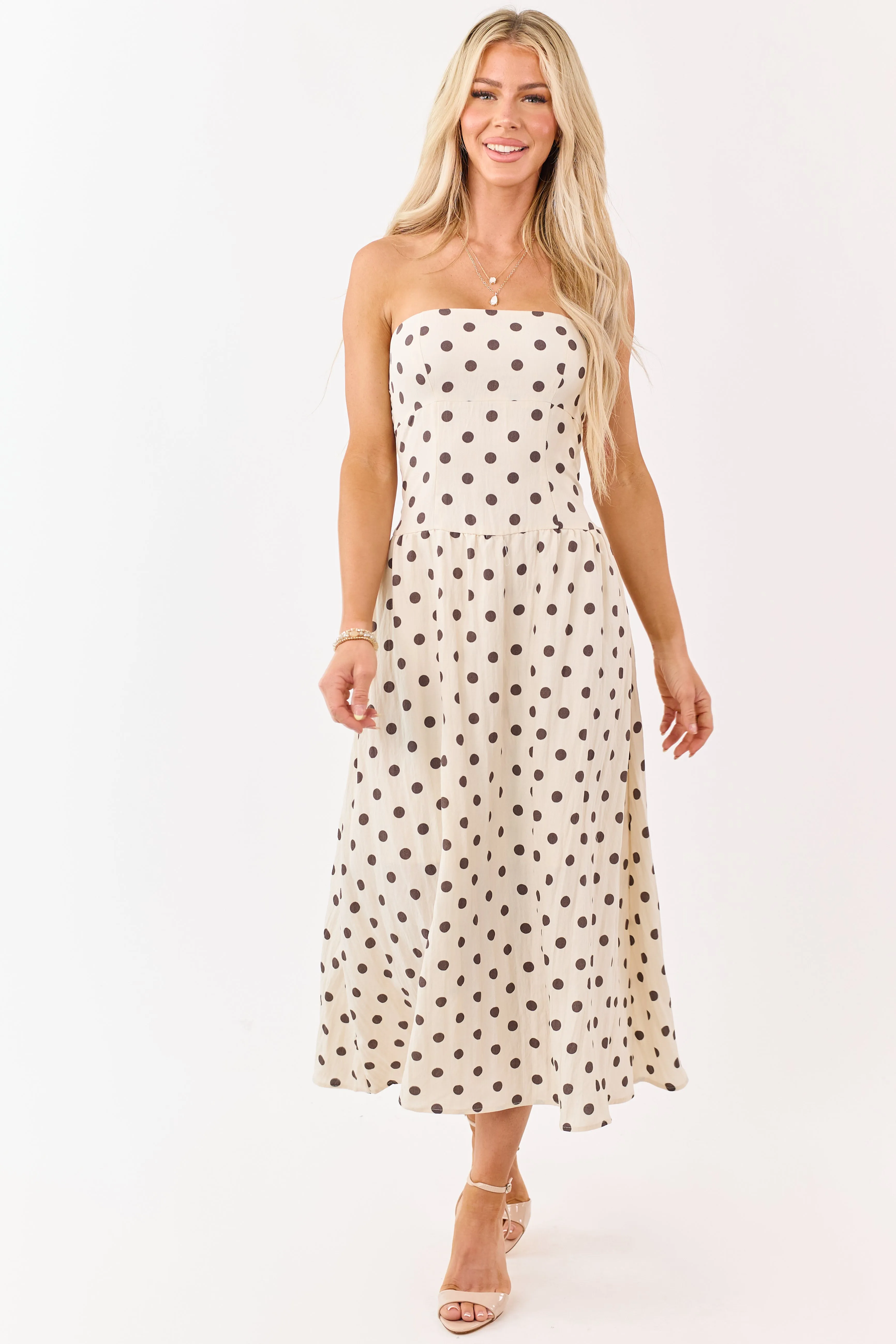 Almond and Cocoa Polka Dot Strapless Midi Dress sold by Lime Lush product image thumbnail 2