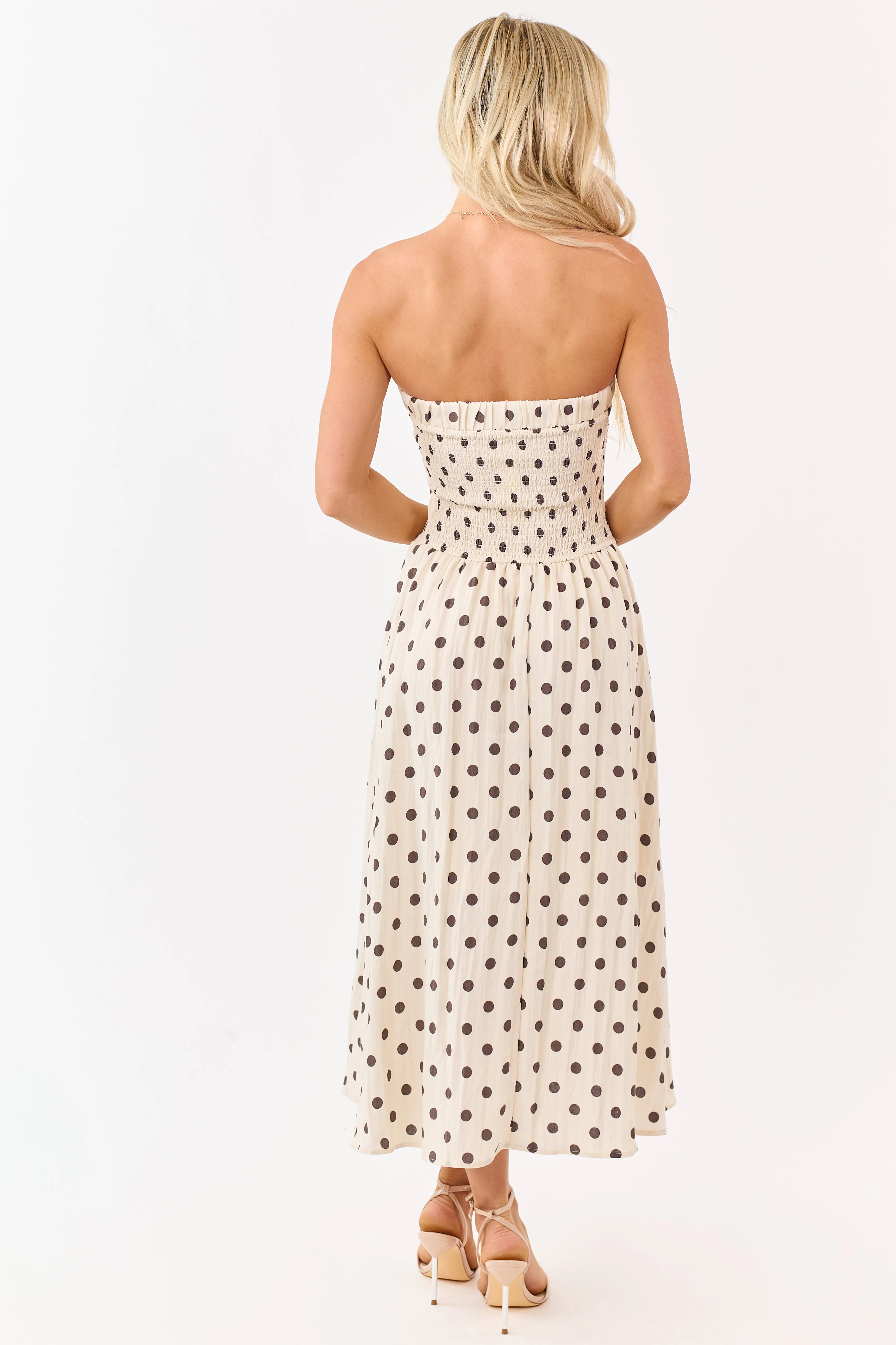 Almond and Cocoa Polka Dot Strapless Midi Dress sold by Lime Lush product image thumbnail 5
