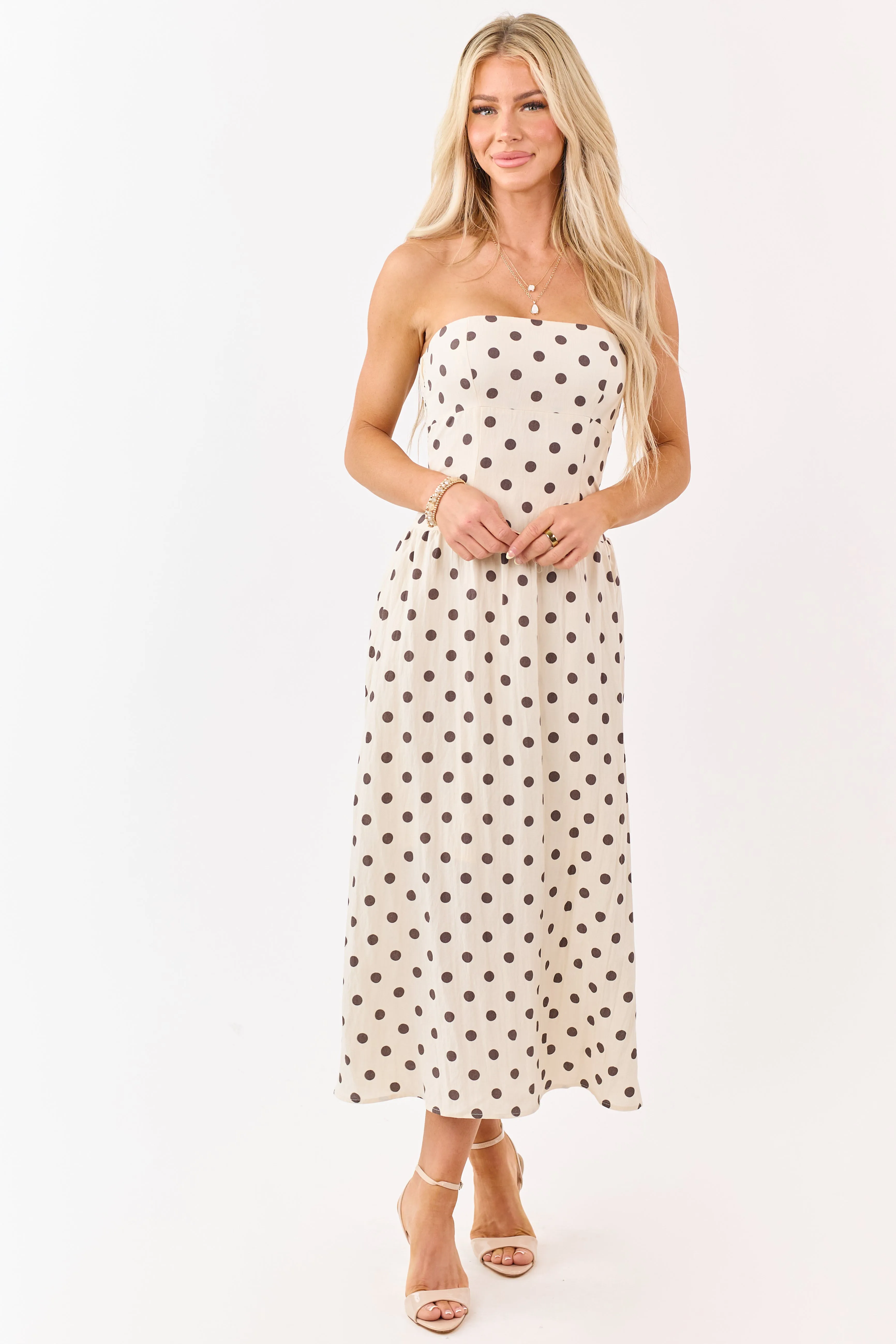 Almond and Cocoa Polka Dot Strapless Midi Dress sold by Lime Lush product image thumbnail 3