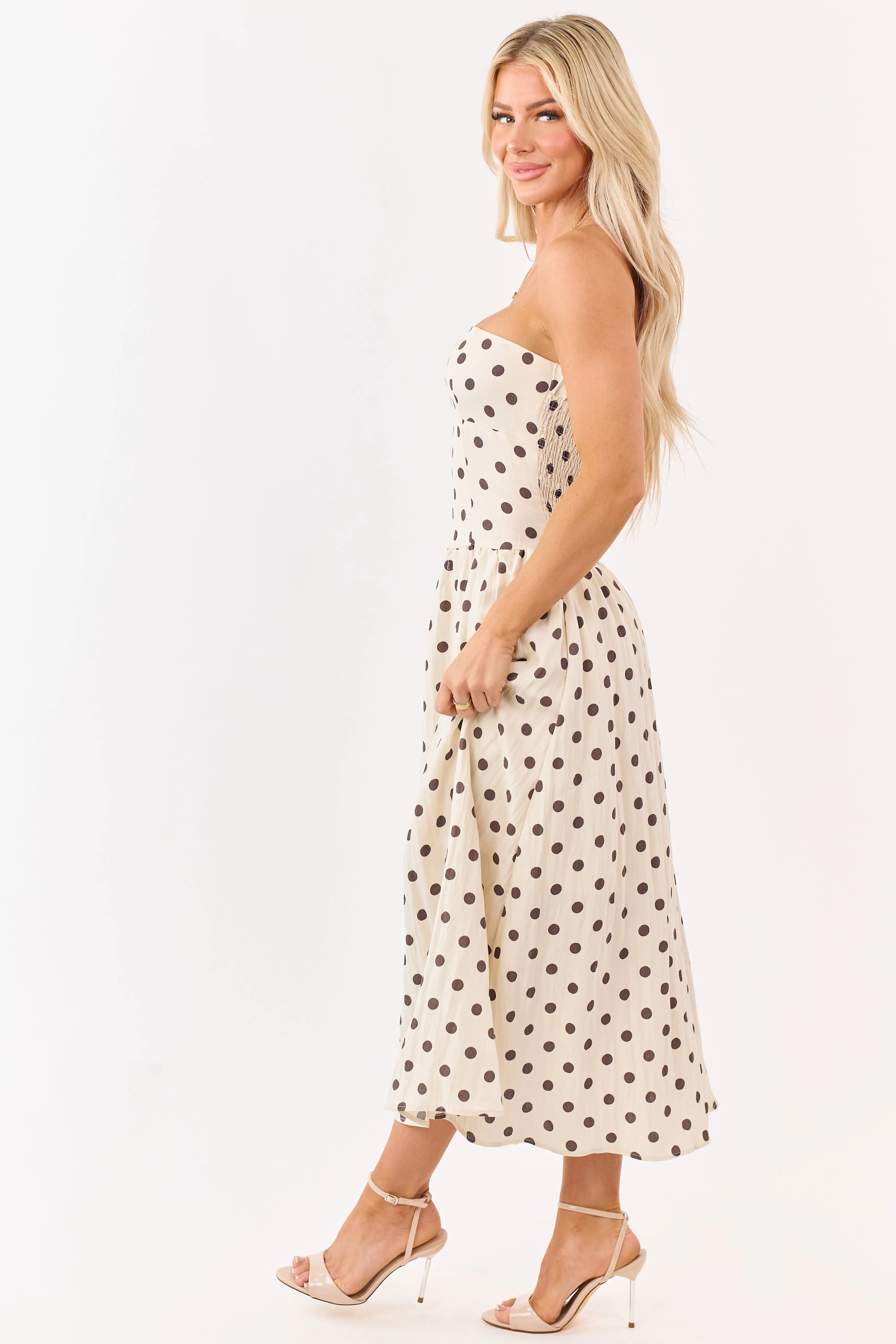 Almond and Cocoa Polka Dot Strapless Midi Dress sold by Lime Lush product image thumbnail 4