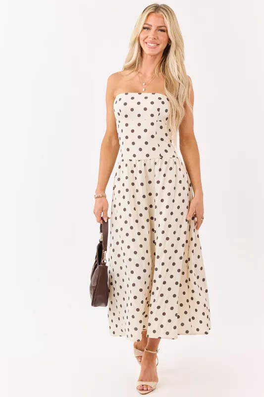 Almond and Cocoa Polka Dot Strapless Midi Dress made by Blu Pepper