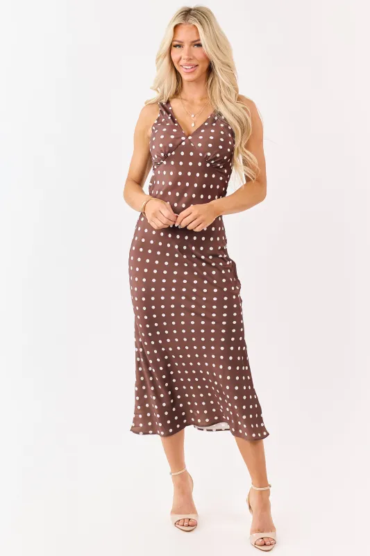 Sepia and Ivory Polka Dot Satin Midi Dress made by HYFVE
