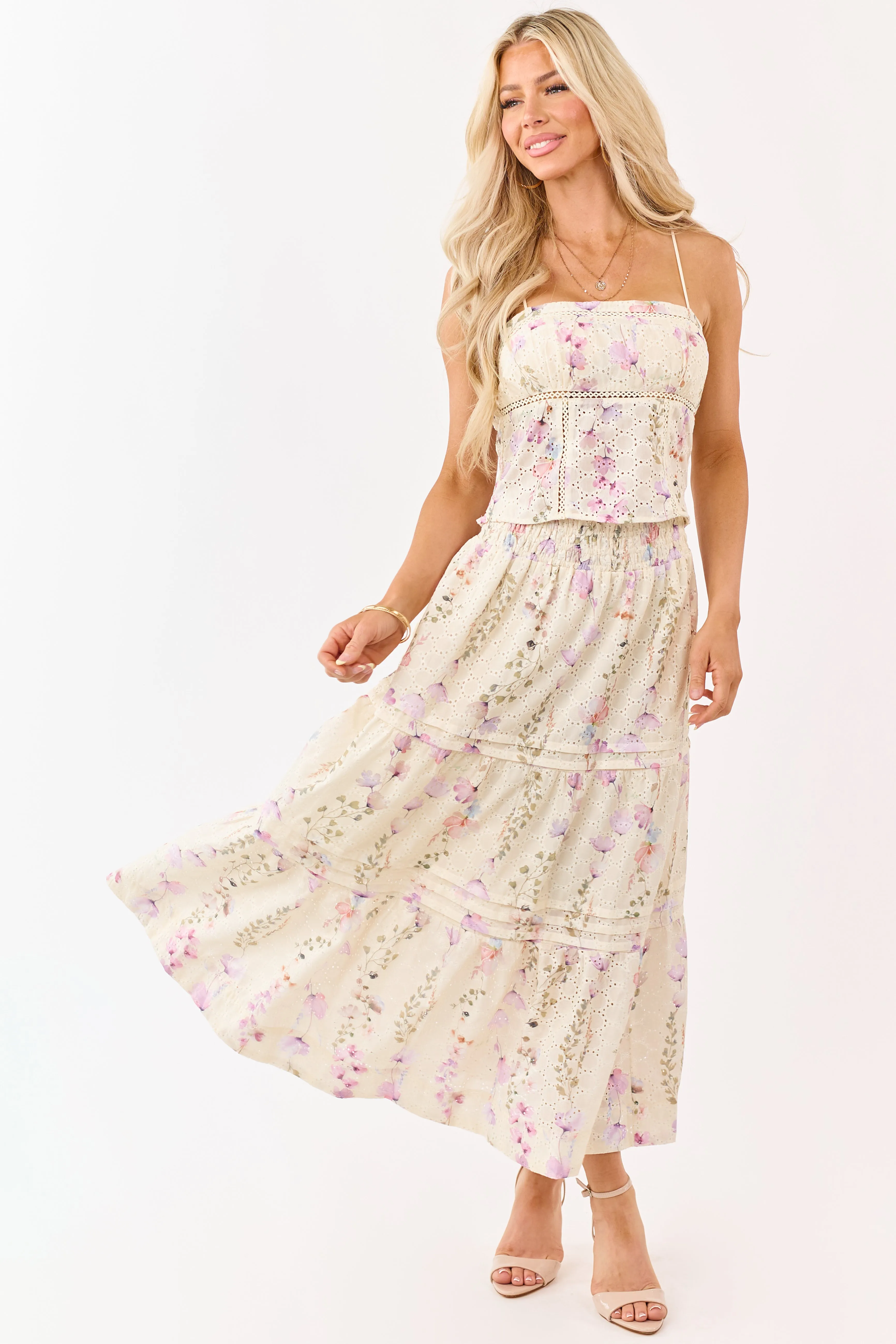Cream Floral Print Eyelet Lace Cropped Tank Top sold by Lime Lush product image thumbnail 2