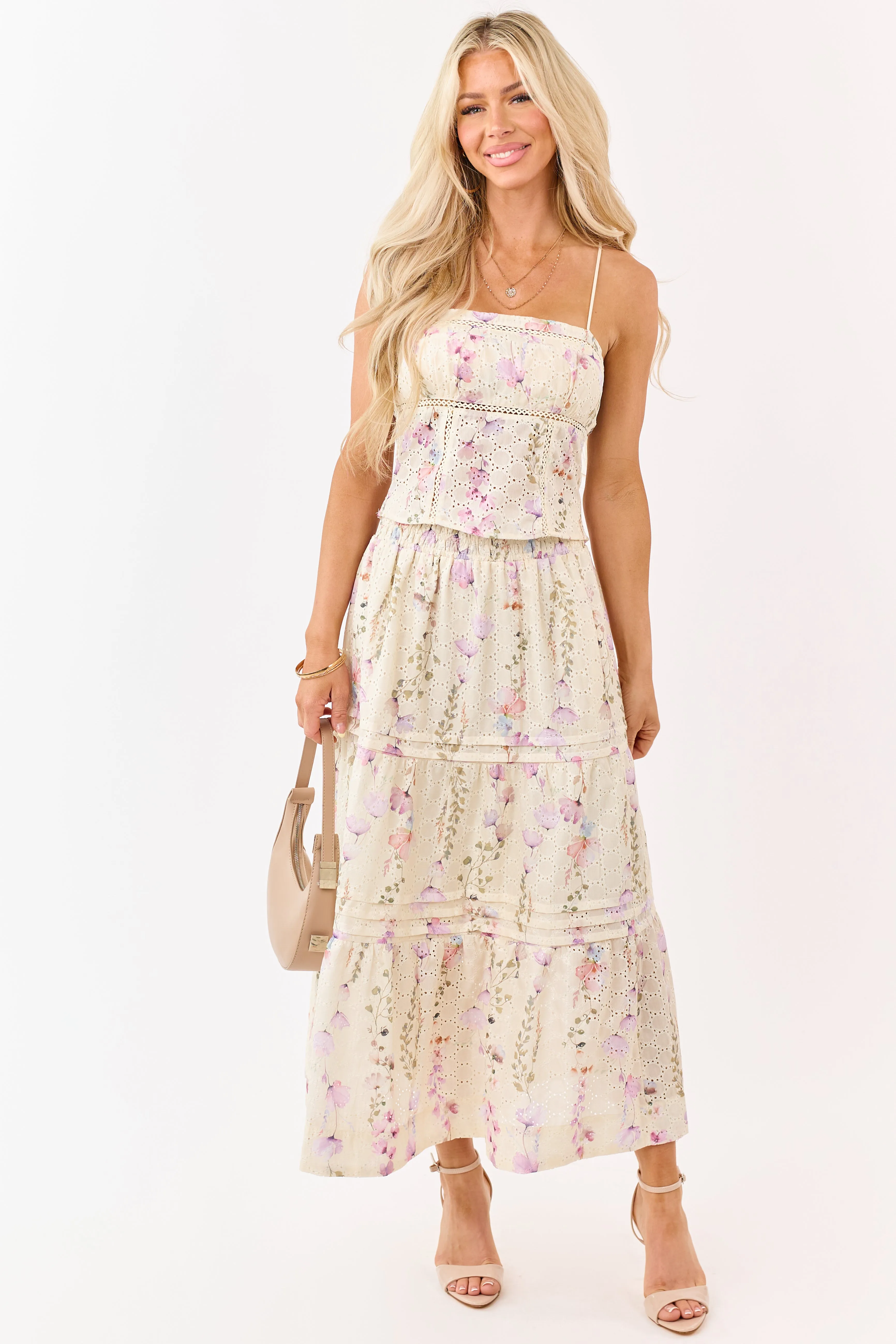 Cream Floral Print Eyelet Lace Cropped Tank Top sold by Lime Lush product image thumbnail 3