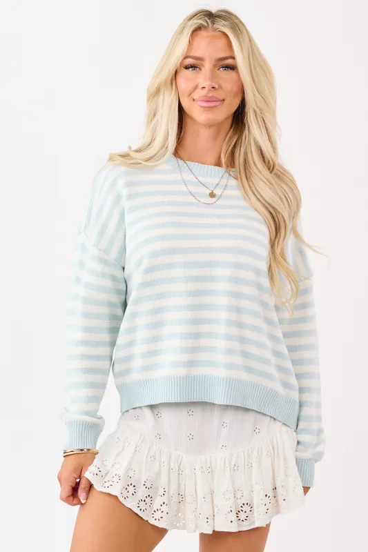 Sky Blue and Ivory Striped Ribbed Knit Sweater made by Papermoon