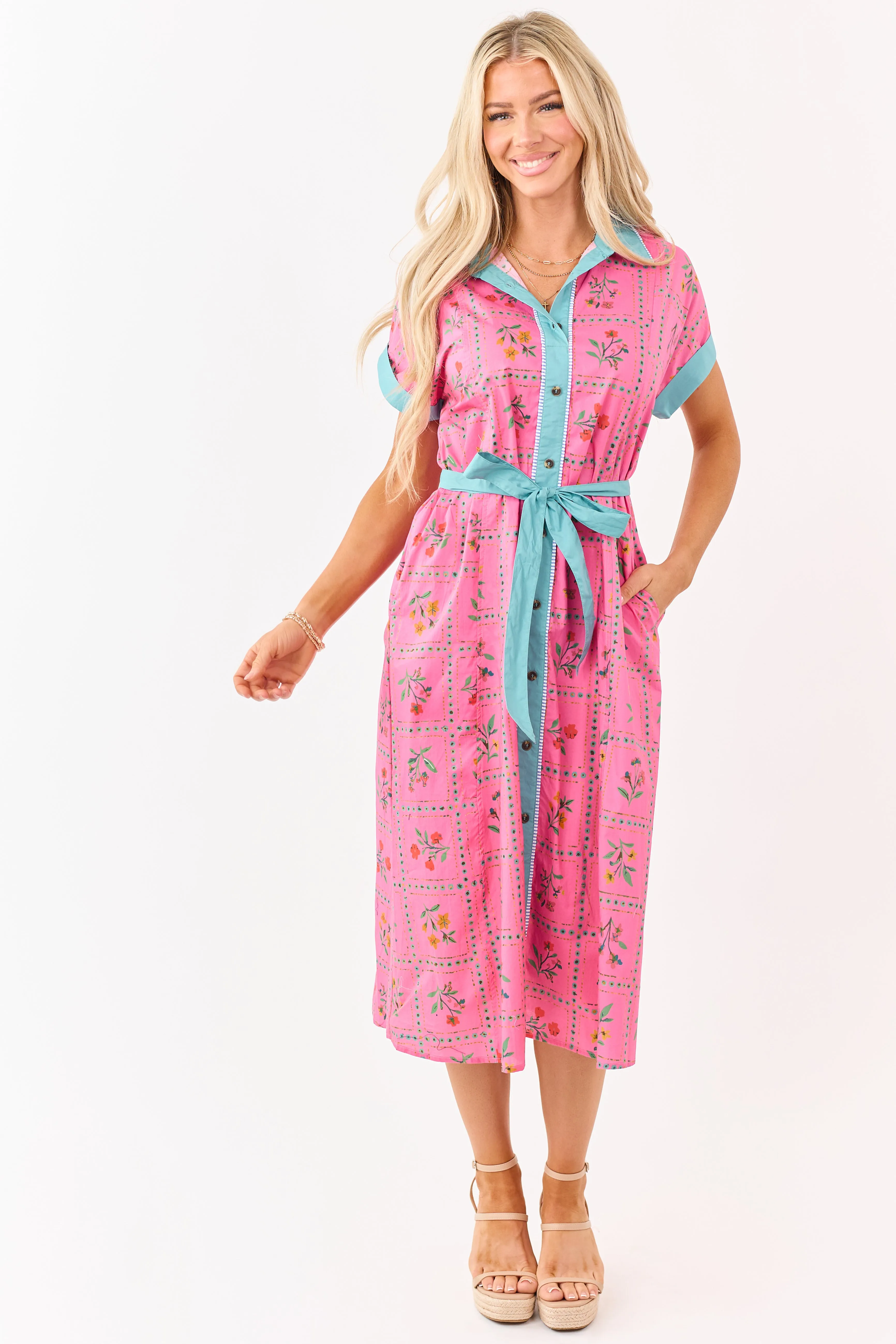 Raspberry Cotton Floral Faux Button Down Midi Dress sold by Lime Lush product image thumbnail 3