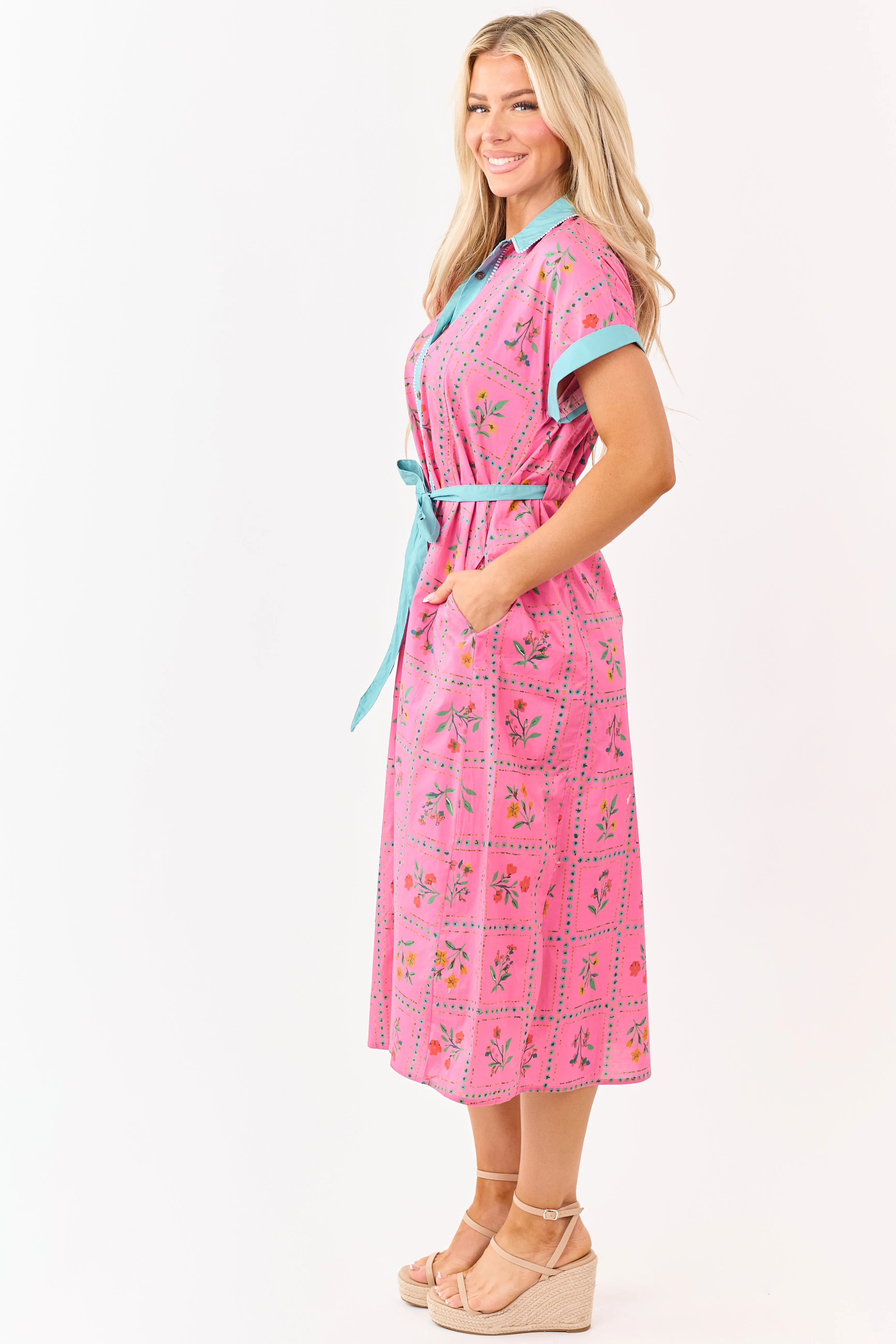 Raspberry Cotton Floral Faux Button Down Midi Dress sold by Lime Lush product image thumbnail 4