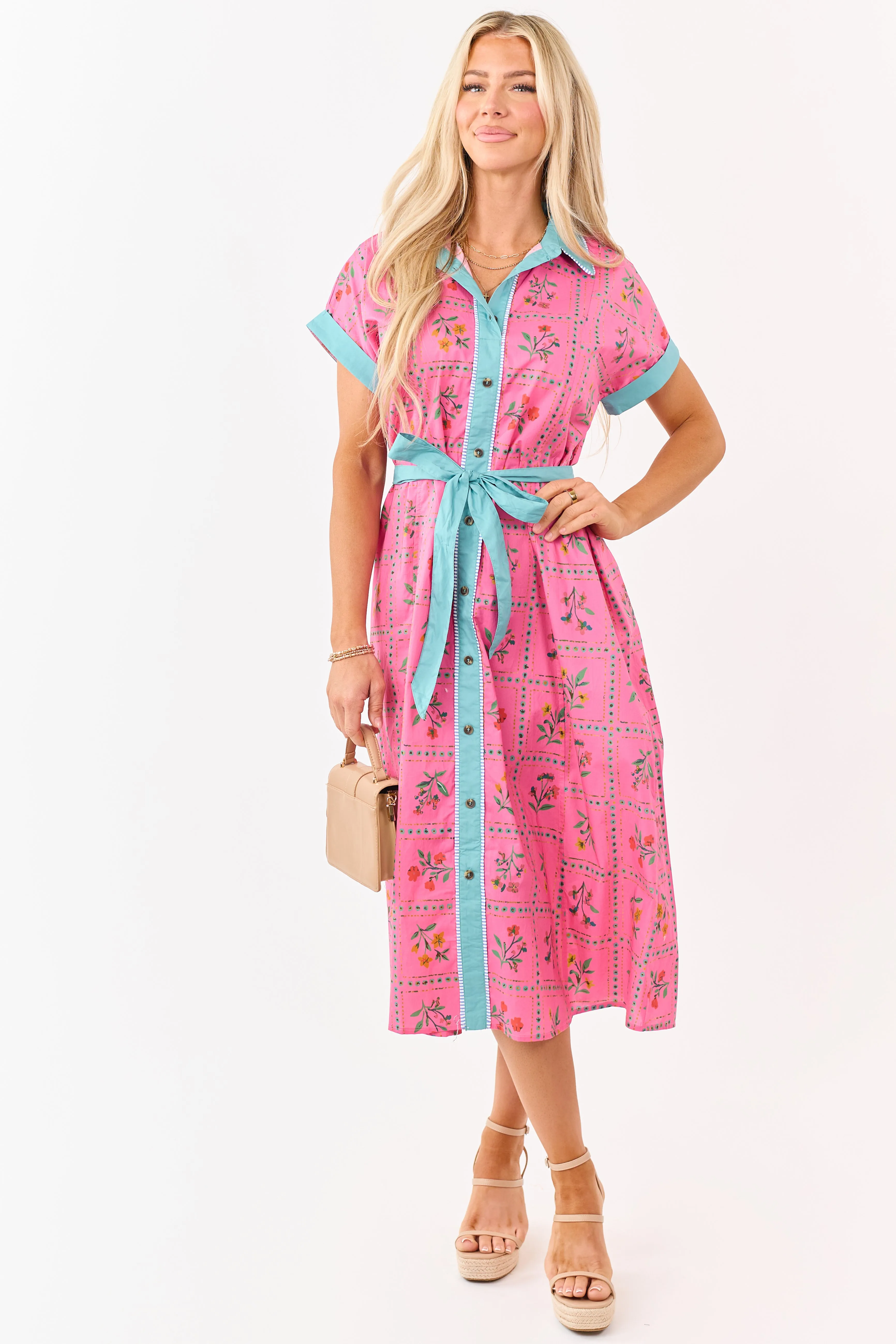 Raspberry Cotton Floral Faux Button Down Midi Dress sold by Lime Lush product image thumbnail 2