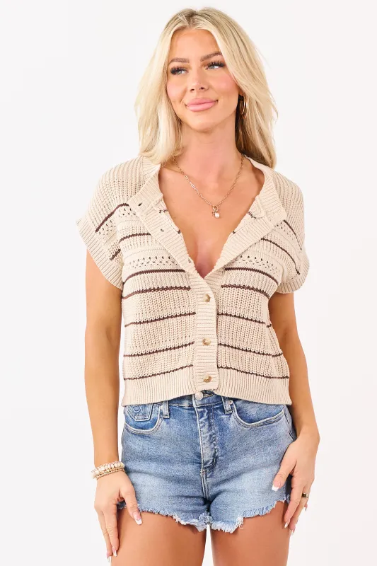 Beige and Cocoa Striped Button Down Cotton Vest Top made by Blu Pepper