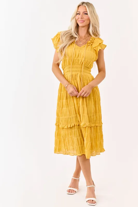 Honey Textured Flutter Sleeve Smocked Midi Dress made by Umgee