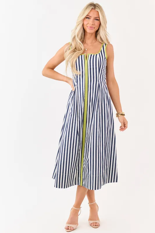Entro Navy Cotton Striped Contrast Trim Midi Dress made by entro