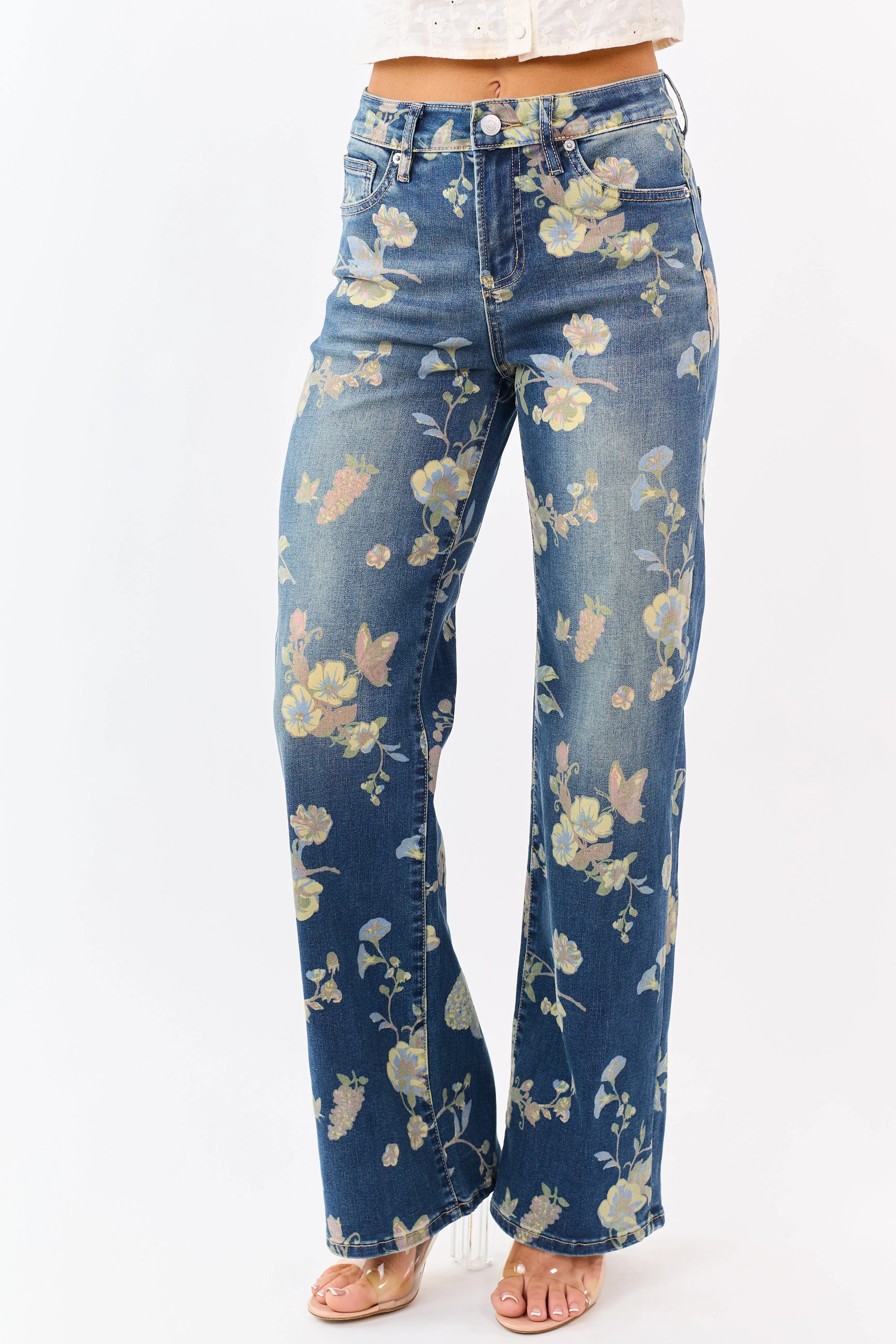 Mica Denim Dark Wash Floral Stretchy Wide Leg Jeans sold by Lime Lush product image thumbnail 2